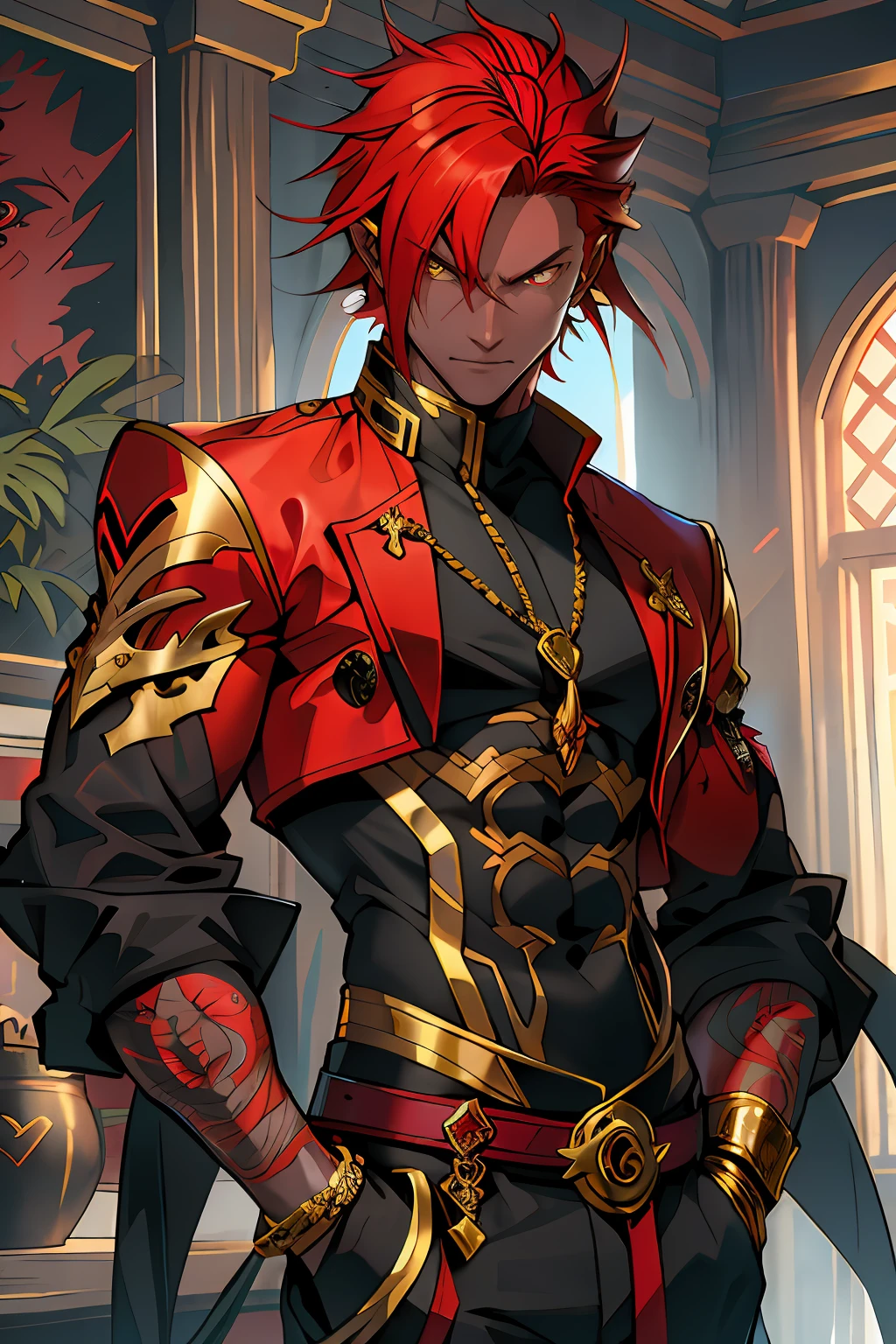red tinted hair,Dragon male,Golden pupils,black-skinned,Clear facial details