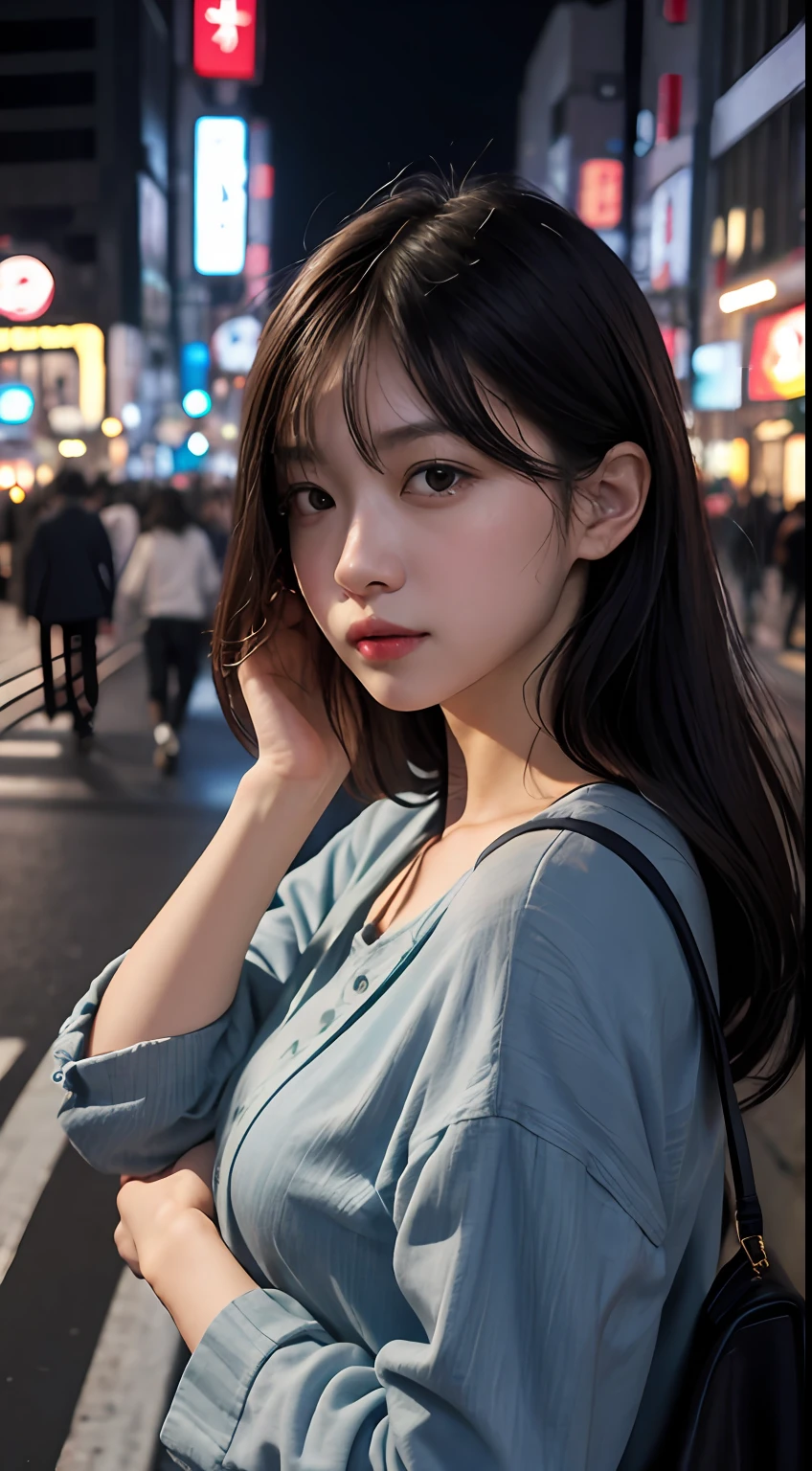 1girl, Tokyo street,night, cityscape,city lights, upper body,close-up, 8k, RAW photo, best quality, masterpiece,realistic, photo-realistic,
