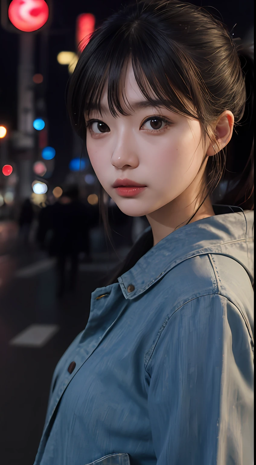 1girl, Tokyo street,night, cityscape,city lights, upper body,close-up, 8k, RAW photo, best quality, masterpiece,realistic, photo-realistic,
