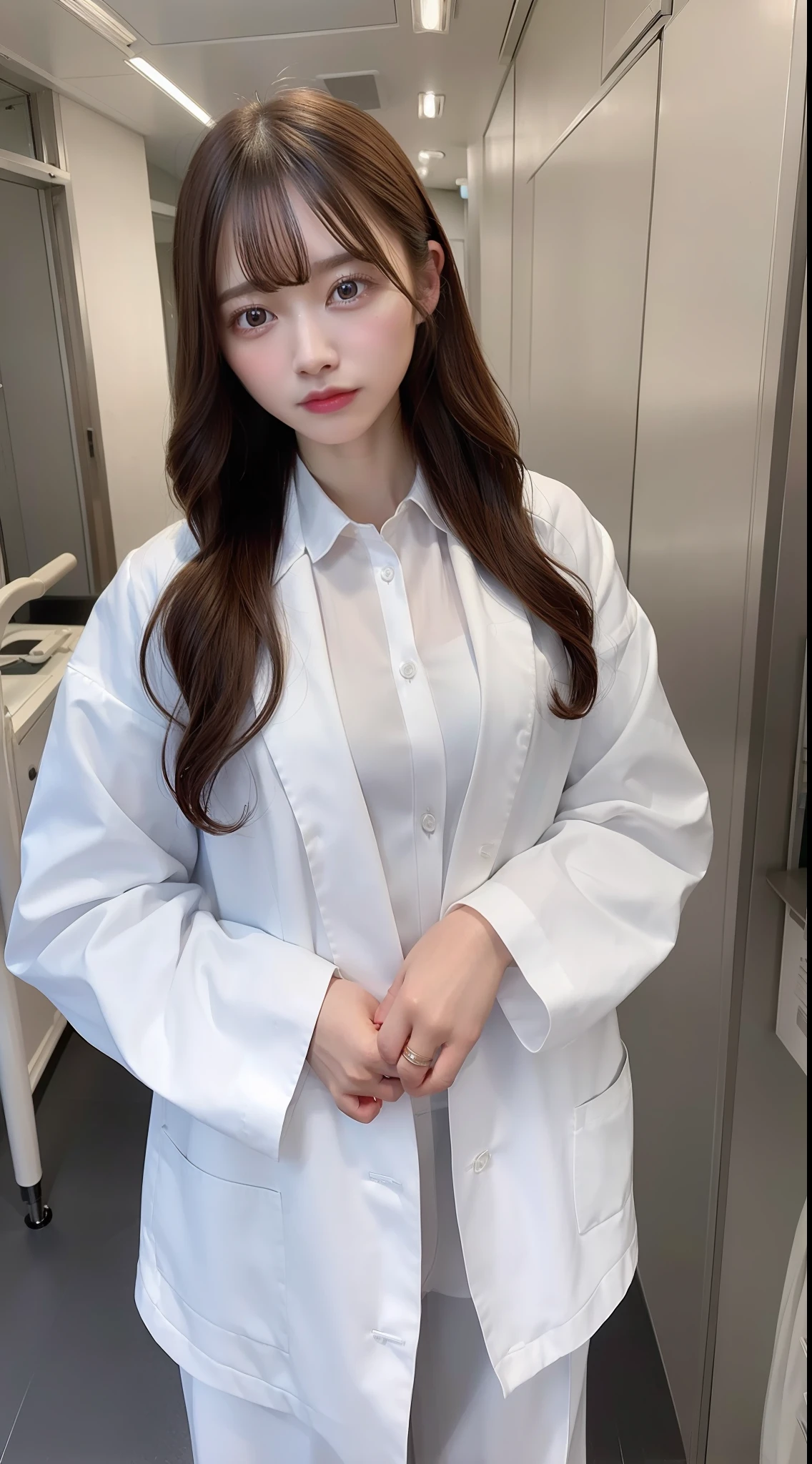 (8k, RAW Photo, Best Quality, Masterpiece: 1.2), (Realistic, Realistic: 1.37), Ultra High Resolution, Photon Mapping, Physically Based Rendering, 1 pragnate doctor girl, doctor coat, trousers, long curly hair, bangs, standing, hospital,