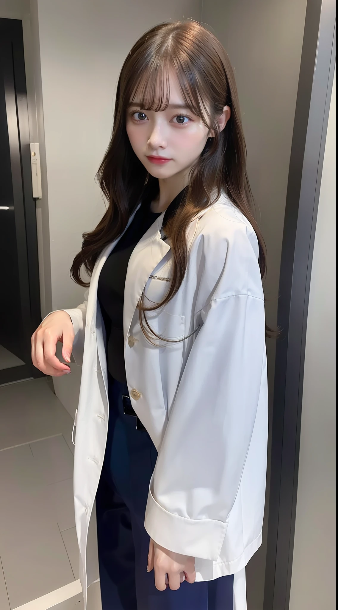 (8k, RAW Photo, Best Quality, Masterpiece: 1.2), (Realistic, Realistic: 1.37), Ultra High Resolution, Photon Mapping, Physically Based Rendering, 1 pragnate doctor girl, doctor coat, trousers, long curly hair, bangs, standing, hospital,