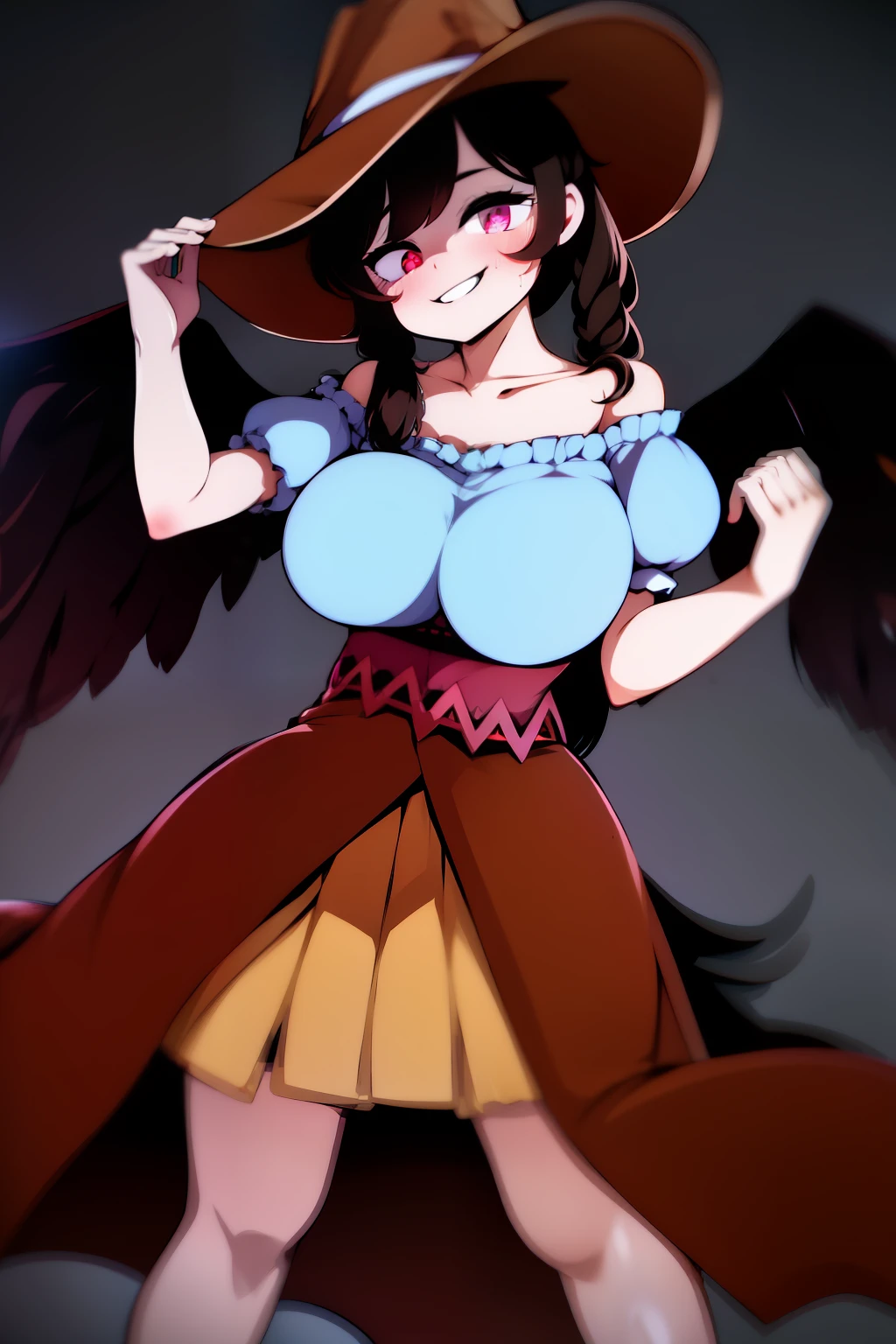 (masterpiece),best quality, expressive eyes, perfect face, 1girl,
big breast, H-cup, good breast, beautiful, gorgeous,anime,girl,lora, floating clothes, tent chest ,
 nipple visible  though clothes,Saki Kurokoma,
red eyes,
black hair,
short hair,
long ponytail,
black wings,
black horse tail,
brown cowboy hat,
brown boots,
light blue plaid shirt,
light pink shirt,
brown plaid skirt,
light orange skirt,
shoulders,
white bandana tied around neck,hands on waist, hands on hips,crazy smile,yameroyandere,yandere,crazy eyes,dark,glowing eyes,shaded face,empty eyes