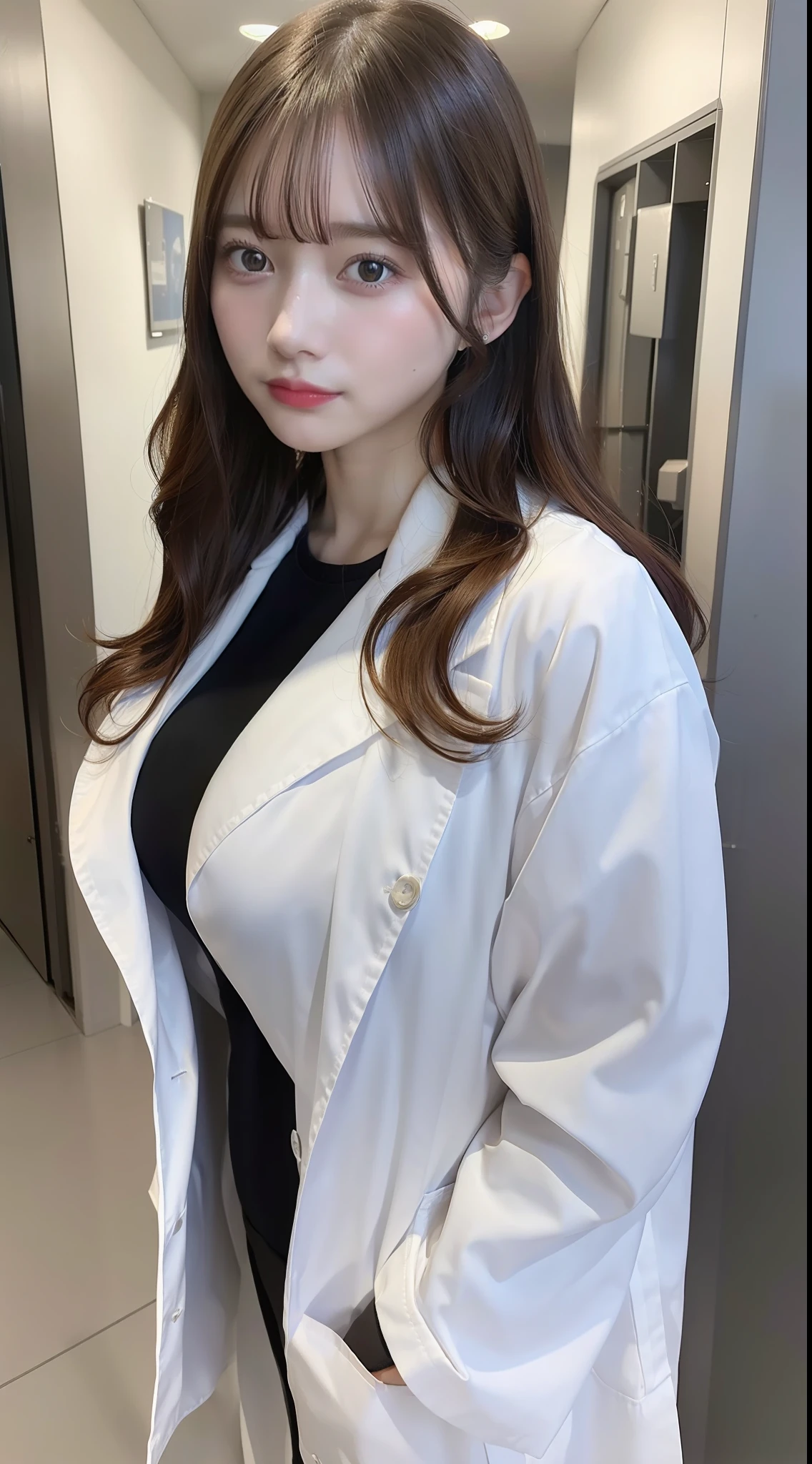 (8k, RAW Photo, Best Quality, Masterpiece: 1.2), (Realistic, Realistic: 1.37), Ultra High Resolution, Photon Mapping, Physically Based Rendering, 1 big tits doctor girl, doctor coat, trousers, long curly hair, bangs, standing, hospital,