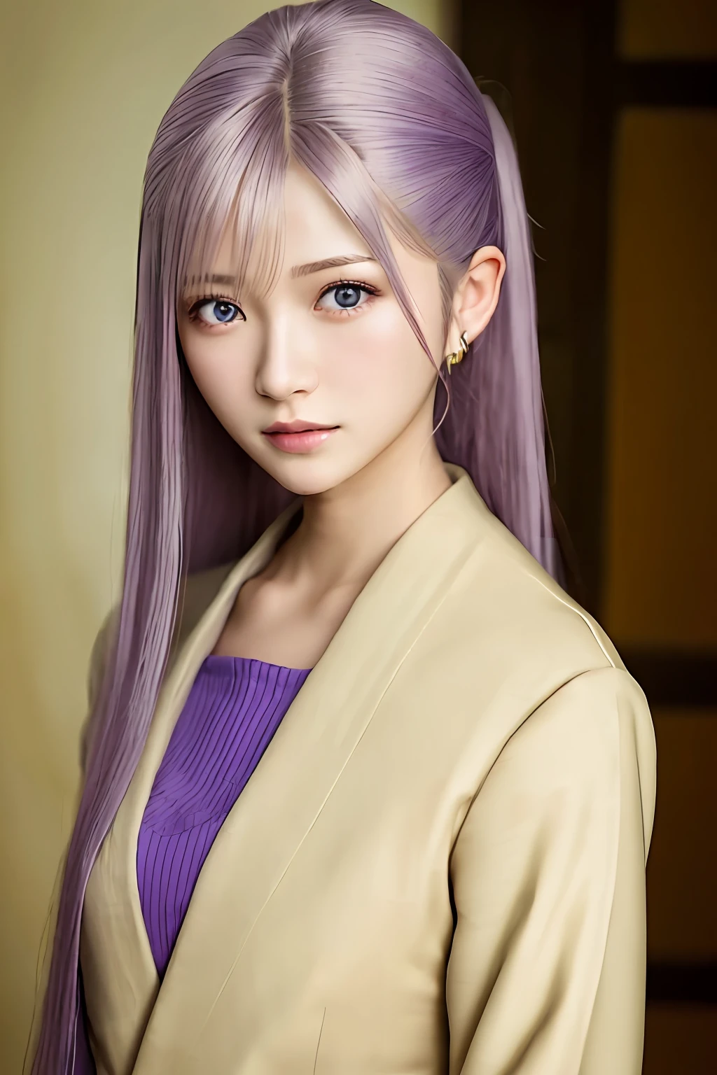 1 girl, Yamanaka Ino, purple clothes, long hair, beige hair, realistic, ultra detail, 70mm lens.