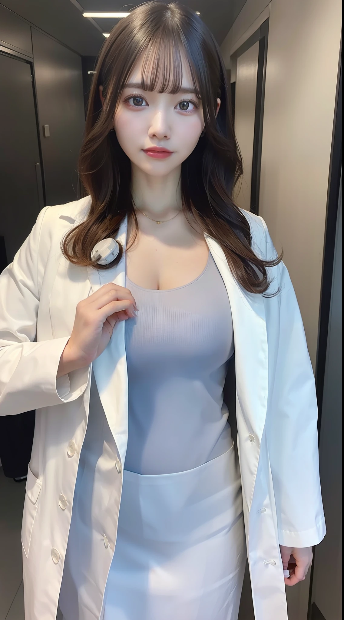 (8k, RAW Photo, Best Quality, Masterpiece: 1.2), (Realistic, Realistic: 1.37), Ultra High Resolution, Photon Mapping, Physically Based Rendering, 1 big tits doctor girl, doctor coat, trousers, long curly hair, bangs, standing, hospital,