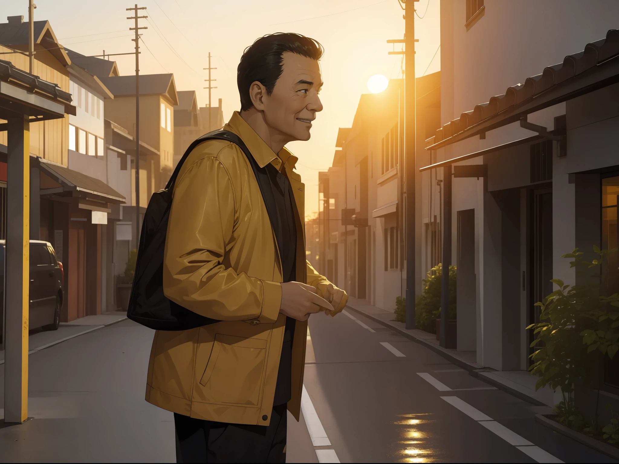 Masterpiece, Best quality,Short black hair,1 old man,Stand in front of the building, His face was full of joy,Realisticstyle,Dyed golden yellow by the setting sun;