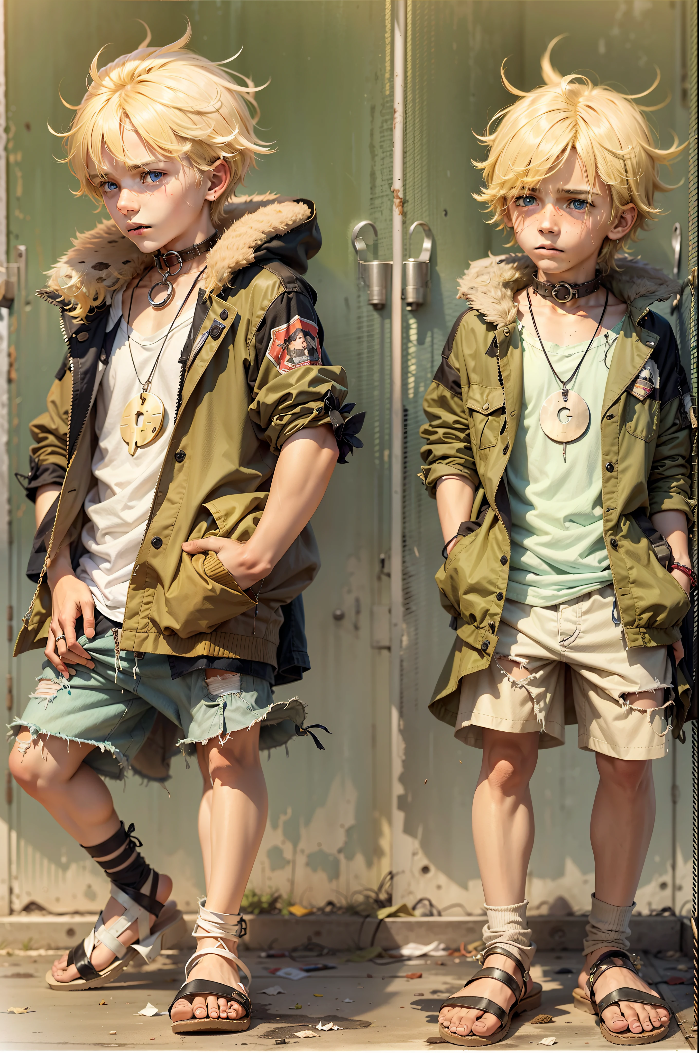 The blonde boy is kept in a kennel,A collar is worn around his neck,Being abused,The clothes on his body were tattered,Wear cheap flip-flops,Curled up in the land pitiful