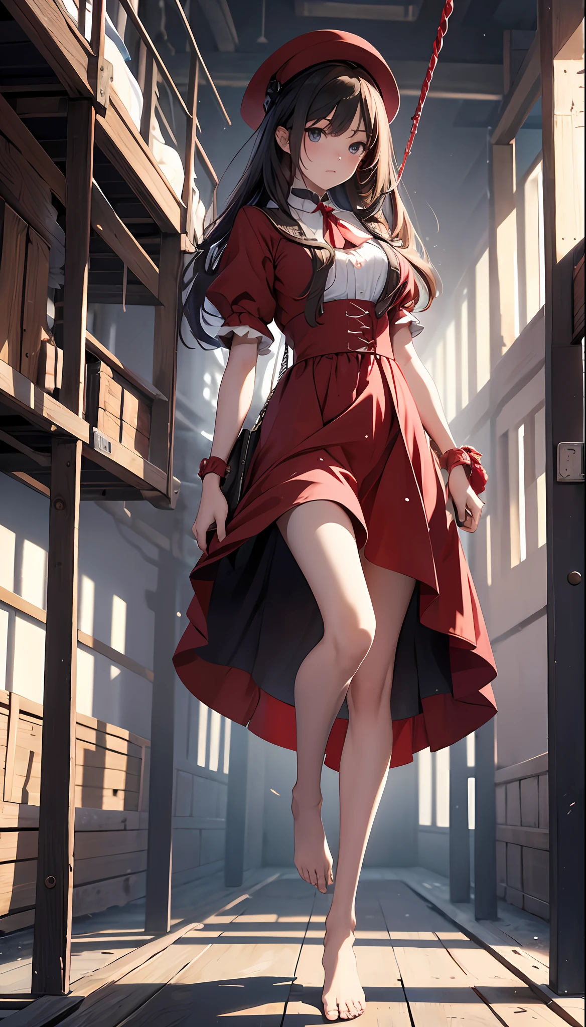 best qualityer,tmasterpiece,Ultimate resolution,downy,Extremely colorful,Woman in red under the gallows,Lifted,Noose around the neck,Red belly pocket,convict,Open air square,gallows,execute,The barefoot,Keep your feet off the ground,Correct posture