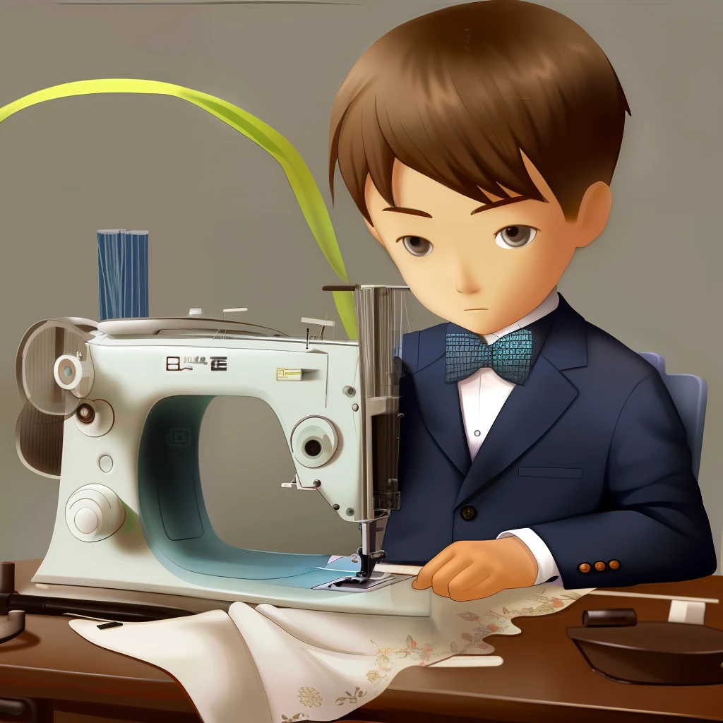 A boy in a suit sits in front of a sewing machine sewing