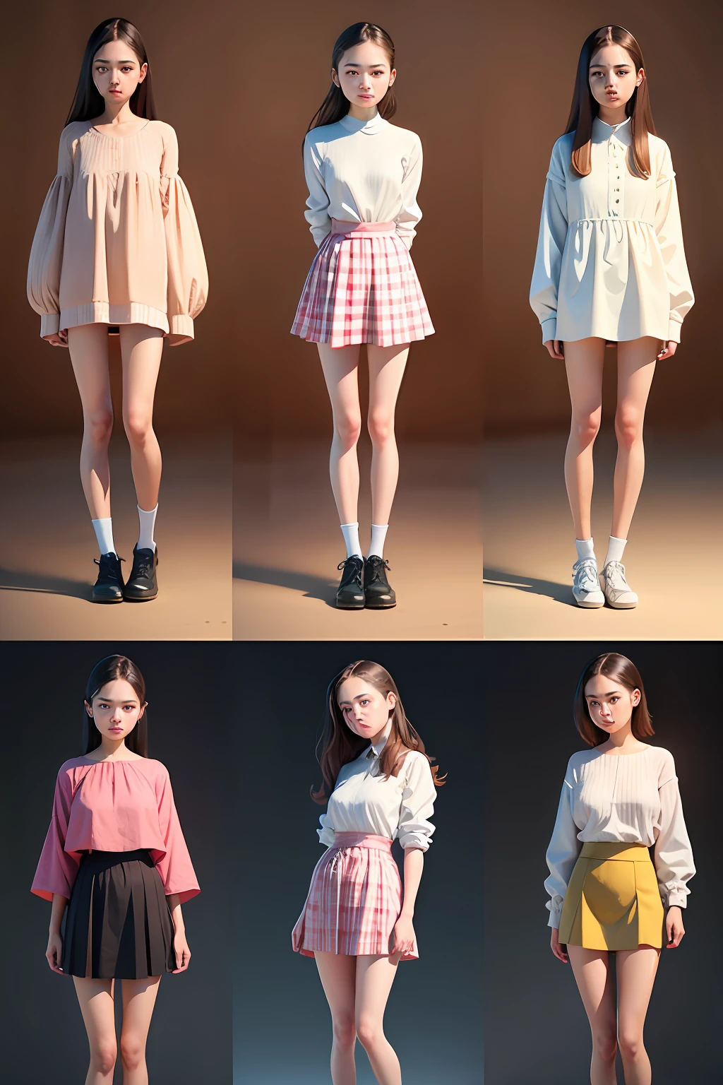 Girls in the same style of clothing，4 different styles，systemic，photorealestic，Split screen display