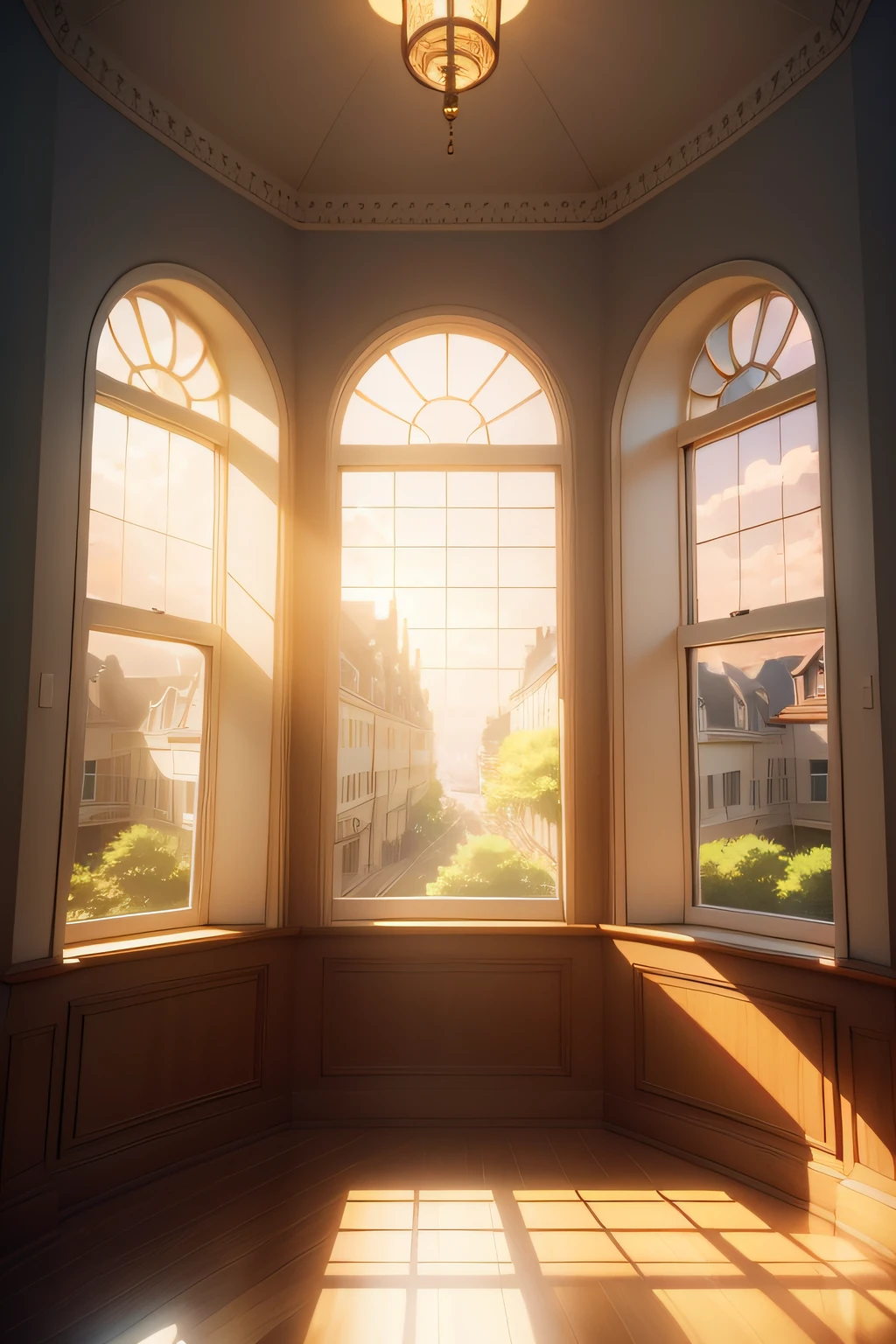 Warm, Soft anime illustration, anime artsyle, Guviz, Bay window, rays of sunshine, interior architecture