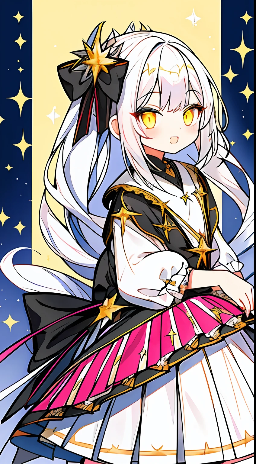 Angle from the side、View here、skirt by the、One girl、校服、white  hair、Twin-tailed、black ribbon on the head、yellow  eyes、Glitter、kirakira、beautidful eyes、Beautiful eyes、​masterpiece、Top image quality、top-quality、double tooth、cute little