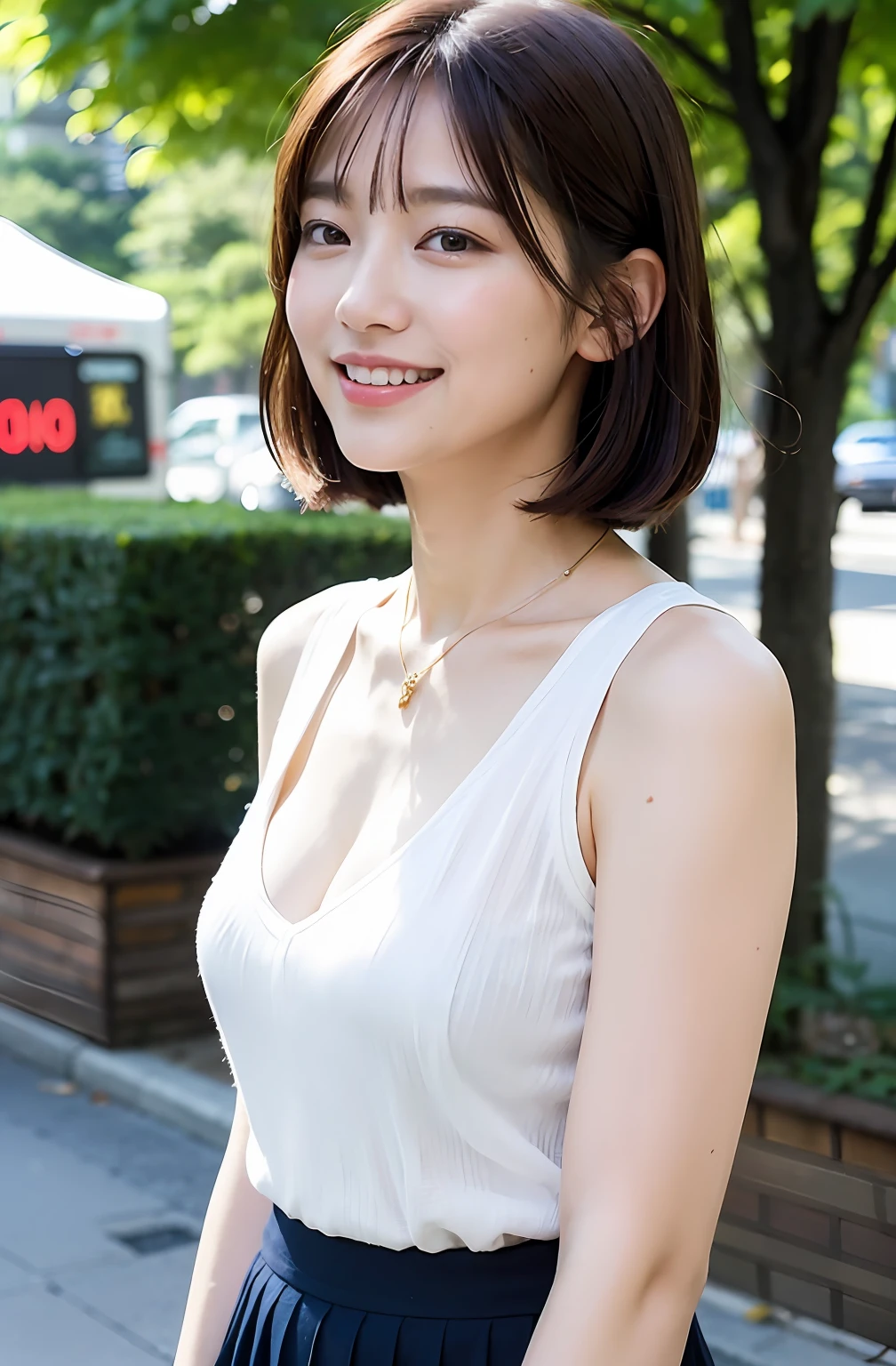 ((8K:1.27)、top-quality、​masterpiece、超A high resolution:1.2)Photo Beautiful Japan woman(pleasing:1.1) (The shirt:1.21) Elegance、There is a good、Gradient lighting、1girl in、Delicate skin、Look here、Brown-eyed、(short hair with bangs:1.2)、(breasts are large:1.0)、(medium areola:0.8)、(realisitic:1.4)、(top-quality:1.0)、(超A high resolution:1.0)、8K、to stand、erect through、Raw photography、(​masterpiece:0.2)、(pureerosface_v1:0.5)、 White shiny clothes、see -through、Orange pleated skirt、Sleeveless、a necklace、Kamimei、date、excited expressions、Red cheeks、want me、Staring at this、subject、Lean、firm cheeks、Look here、Laugh、Futomo、sandal、Beautiful thighs、Kinda chubby、Beautiful thighs、Angle from the front、Composition looking up from slightly below.、Upright directly in front of the camera、The city of Ginza、Street Trees、early evening、The sun of the west hits the chest、Upper body facing this way、