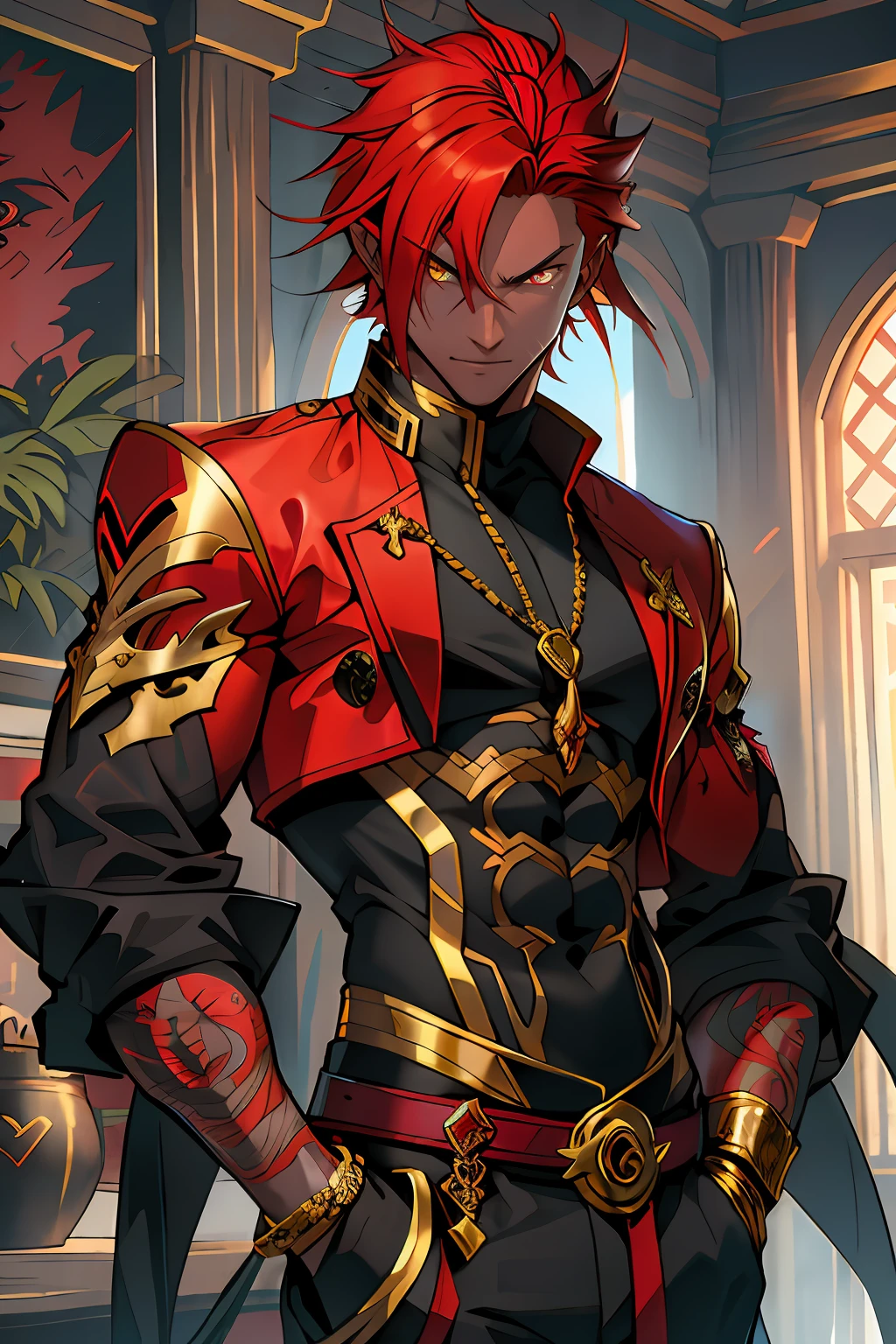 red tinted hair,Dragon male,Golden pupils,black-skinned,Clear facial details