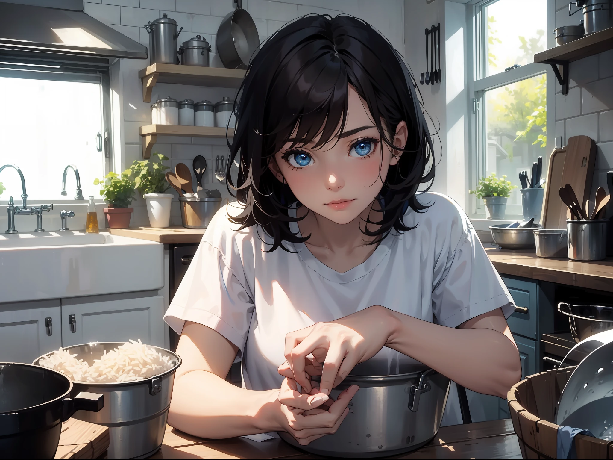 Masterpiece, Best quality,Girl with tangled mouse ears,Next to the rice bucket，with short black hair，Realisticstyle,White T-shirt，Shabby kitchen in blue jeans,The mouse's eyes glow;