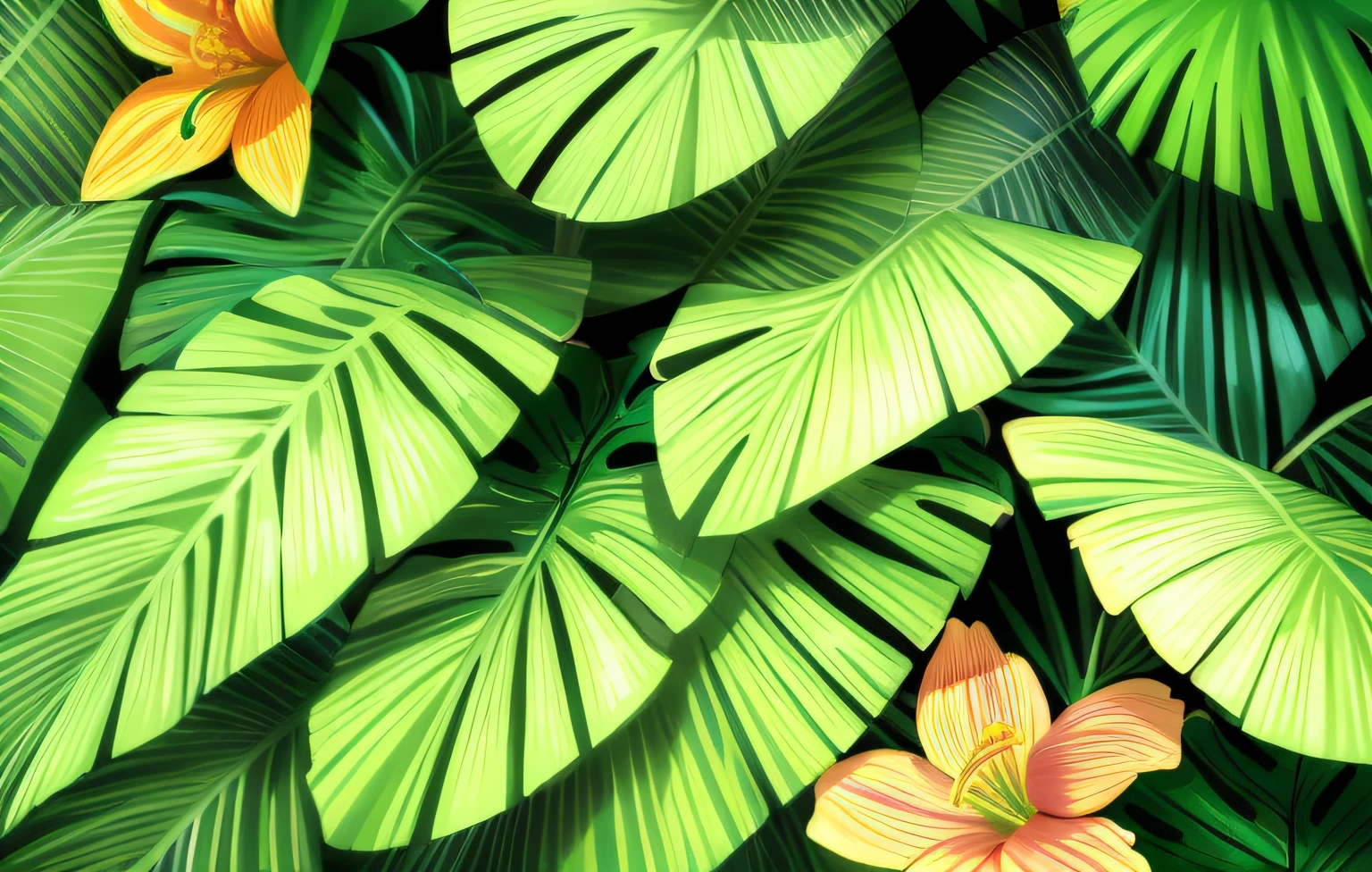 Tropical foliage and flower background, tropical flower plants, tropical plants and flowers, beautiful tropical flowers, colorful tropical plants, blooming tropical flowers, Tropical plants, lush garden leaves and flowers, tropical flowers, tropical background, detailed digital illustration, photorealistic print of exotic, tropical foliage, subtropical flowers and plants, Tropical leaves, matte digital illustration, tropical atmosphere, detailed beautiful plants