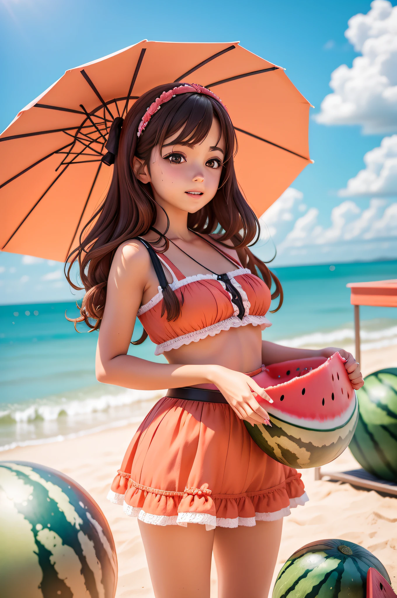 The seaside in the heat of summer，A watermelon feast is held，Girl holding watermelon