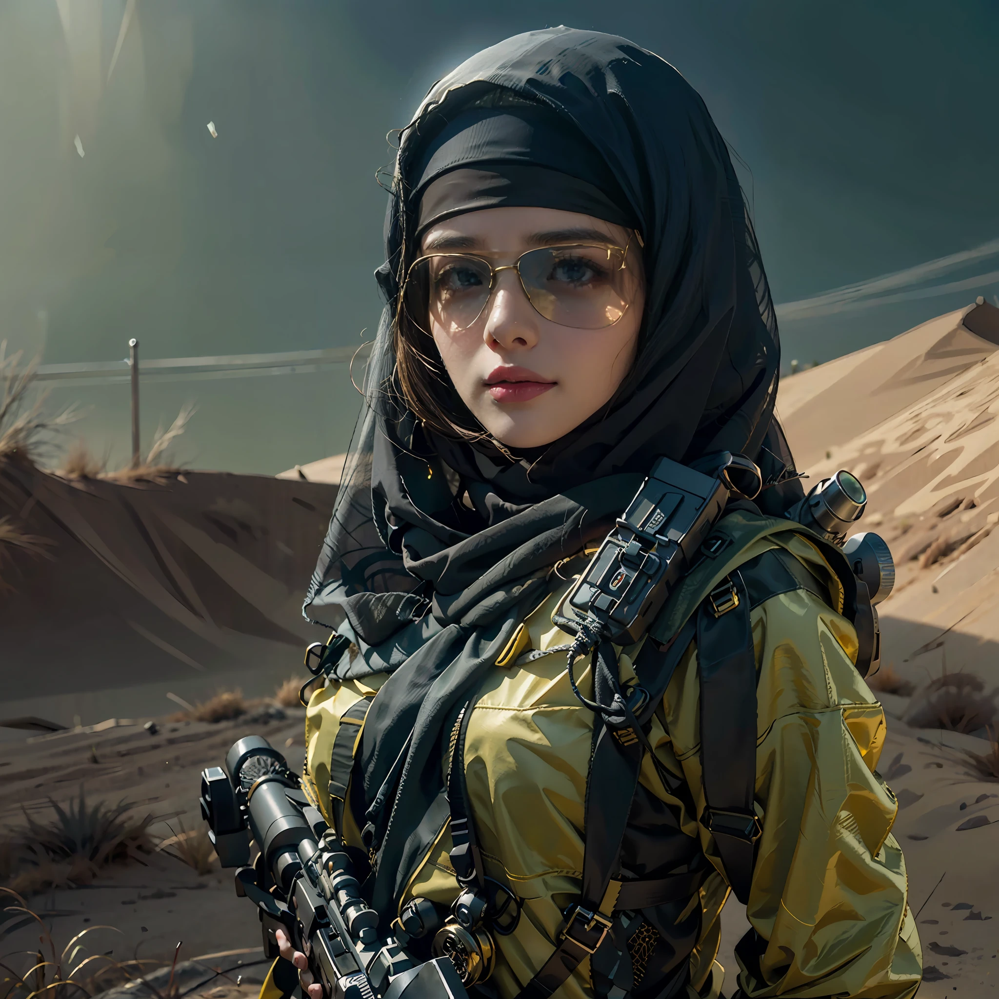 in a panoramic view，photorealestic，cyber punk style，Blue sky, Endless golden desert，Military base in the desert，3girl，Wearing a high-tech burqa in black Arabian style（Burqa），Dressed in gorgeous gold Arabian high-tech clothing，Wearing a black high-tech headscarf（hijabi sluty），Black high-tech veil（niqab），masked，High-tech combat equipment hangs on the body，Carry a sci-fi rifle，Sci-fi Saber，Standing in front of a military base，Sharp eyes，professinal，Meistwick，commissioned，best qualtiy，color corrected，After fixation，Retouching，Improvement，Epic，Tone-mapping，the detail， highly  detailed， digitial painting， art  stations， Conceptual map of the long dam， Smoothness， Sharp focus， Beautiful illustration， photore， The light from the back window is backlighted， 动态照明， Mist， 复杂， cinematic grain， professinal， face to the viewer，（Beautiful m3d_woman， Perfect M3D_face,）， Volumetriclighting， subsurfacescattering， Good highlights， Good shadows， cinematic ligh