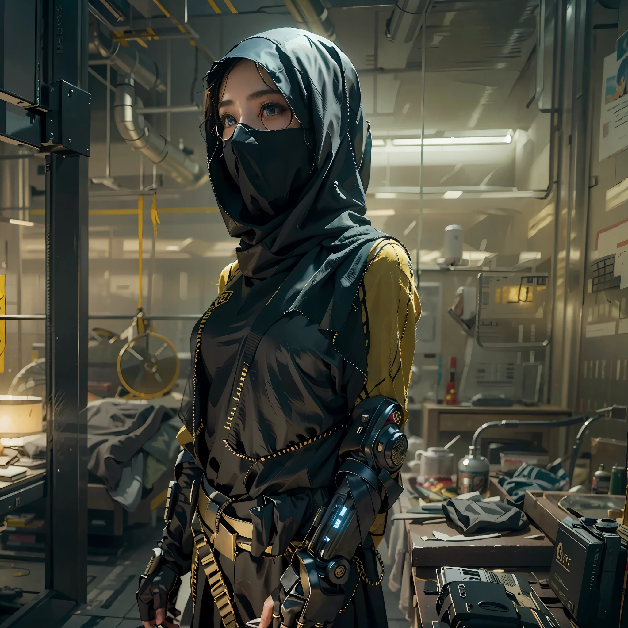 in a panoramic view，photorealestic，cyber punk style，Blue sky, Endless golden desert，Military base in the desert，3girl，Wearing a high-tech burqa in black Arabian style（Burqa），Dressed in gorgeous gold Arabian high-tech clothing，Wearing a black high-tech headscarf（hijabi sluty），Black high-tech veil（niqab），masked，High-tech combat equipment hangs on the body，Carry a sci-fi rifle，Sci-fi Saber，Standing in front of a military base，Sharp eyes，professinal，Meistwick，commissioned，best qualtiy，color corrected，After fixation，Retouching，Improvement，Epic，Tone-mapping，the detail， highly  detailed， digitial painting， art  stations， Conceptual map of the long dam， Smoothness， Sharp focus， Beautiful illustration， photore， The light from the back window is backlighted， 动态照明， Mist， 复杂， cinematic grain， professinal， face to the viewer，（Beautiful m3d_woman， Perfect M3D_face,）， Volumetriclighting， subsurfacescattering， Good highlights， Good shadows， cinematic ligh