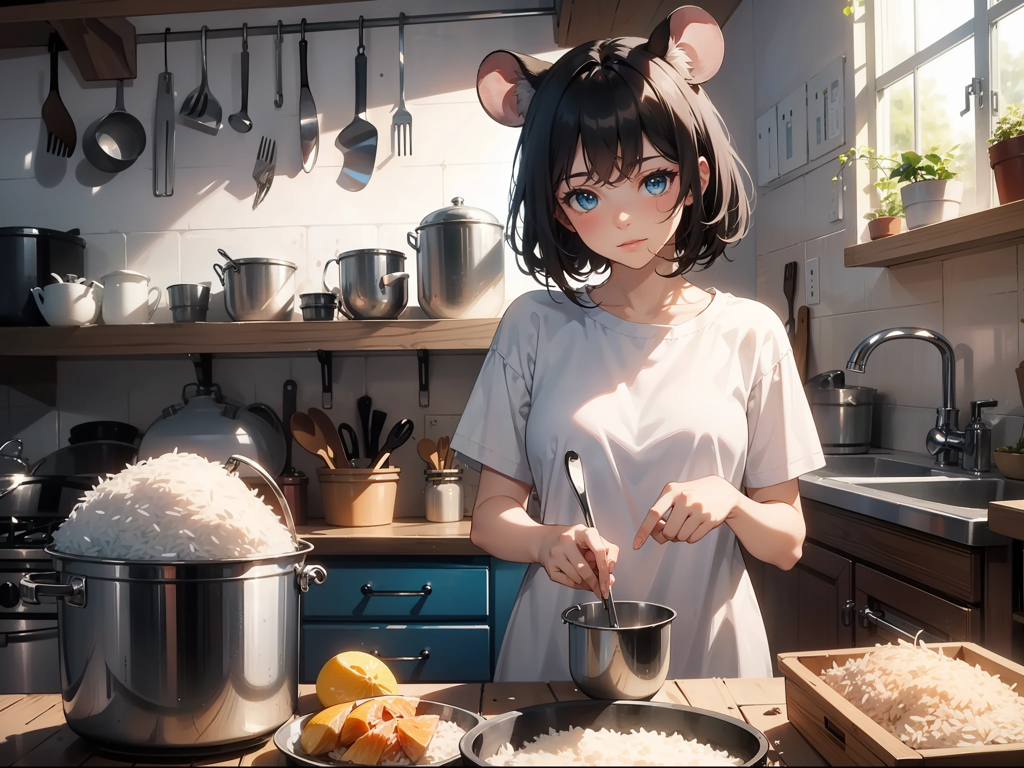 Masterpiece, Best quality,Girl with tangled mouse ears,Next to the rice bucket,with short black hair,Realisticstyle,White T-shirt,Shabby kitchen in blue jeans,The mouse's eyes glow;