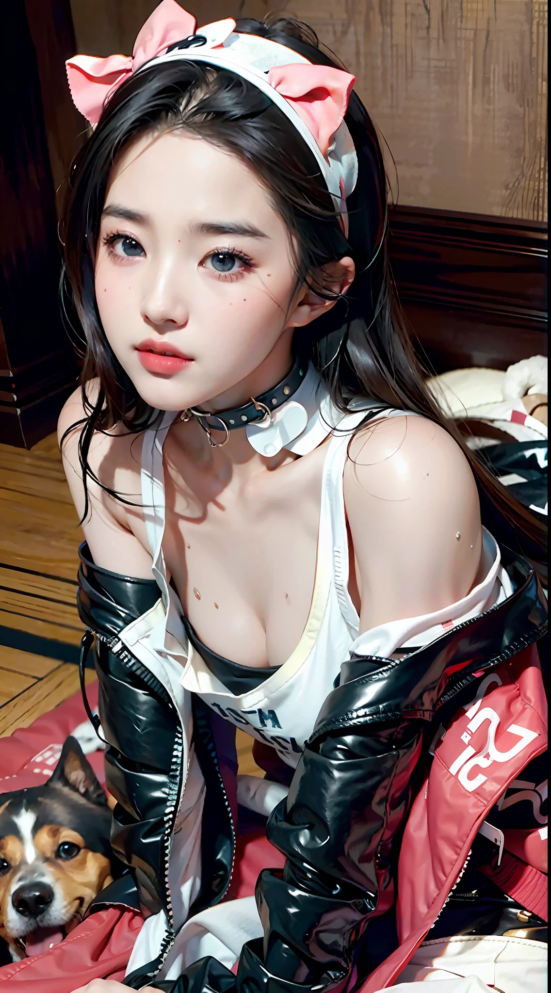 (Hyper Real), (illustratio), (A high resolution), (8K), (The is very detailed), (Most Best Illustration), (beatiful detailed eyes), (best qualtiy), (ultra - detailed), (tmasterpiece), (the wallpaper), (详细的脸), Beds, Dog crawling style, ssmile, plumw,独奏,Sexy revealing girl, Wearing sweat,dog collar