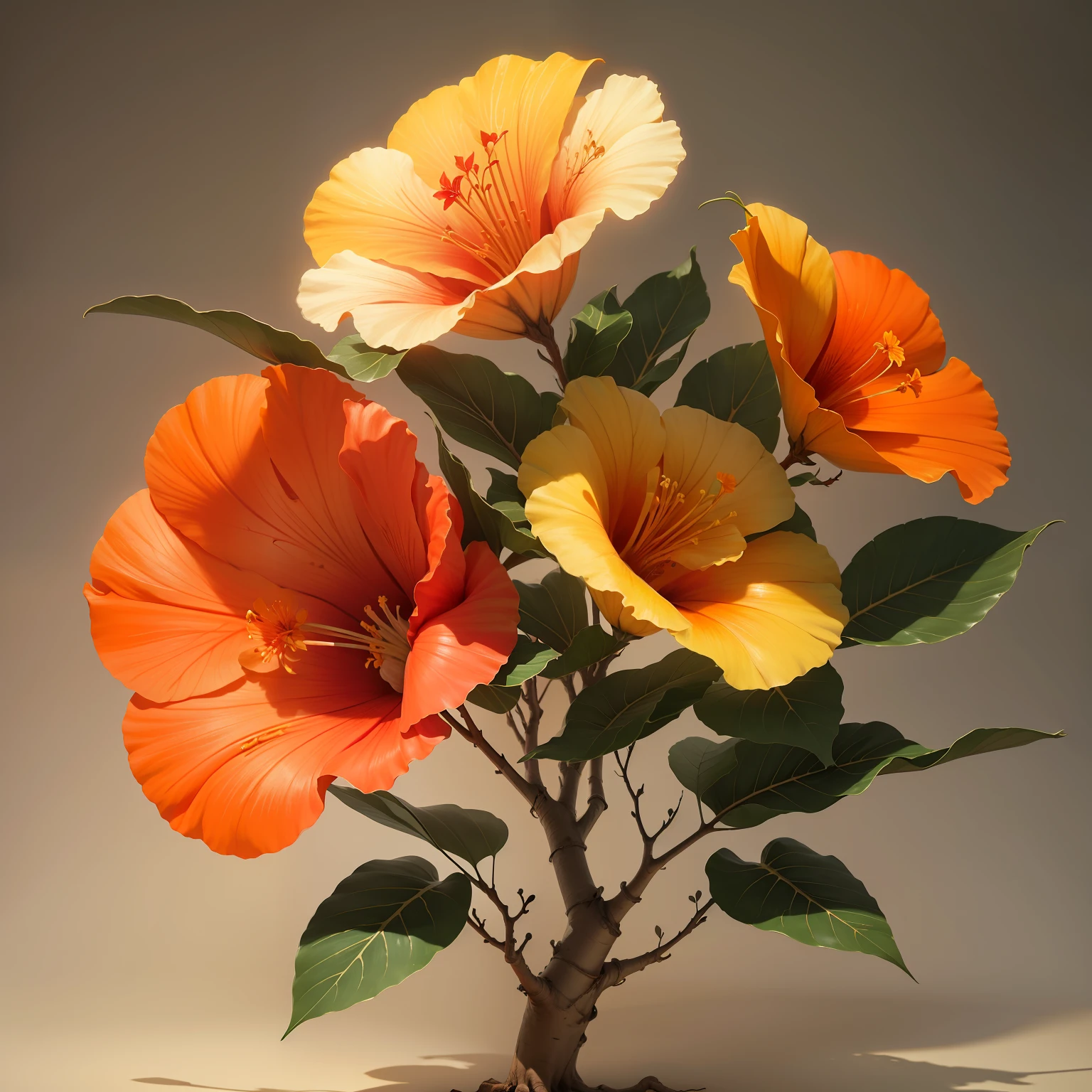 hibiscus flower blooming on a gnarled branch against a grey background, simple background, in the style of light orange and light beige, minimalist images, photography installations, paleocore, green and crimson, hyper-realistic, poetic intimacy