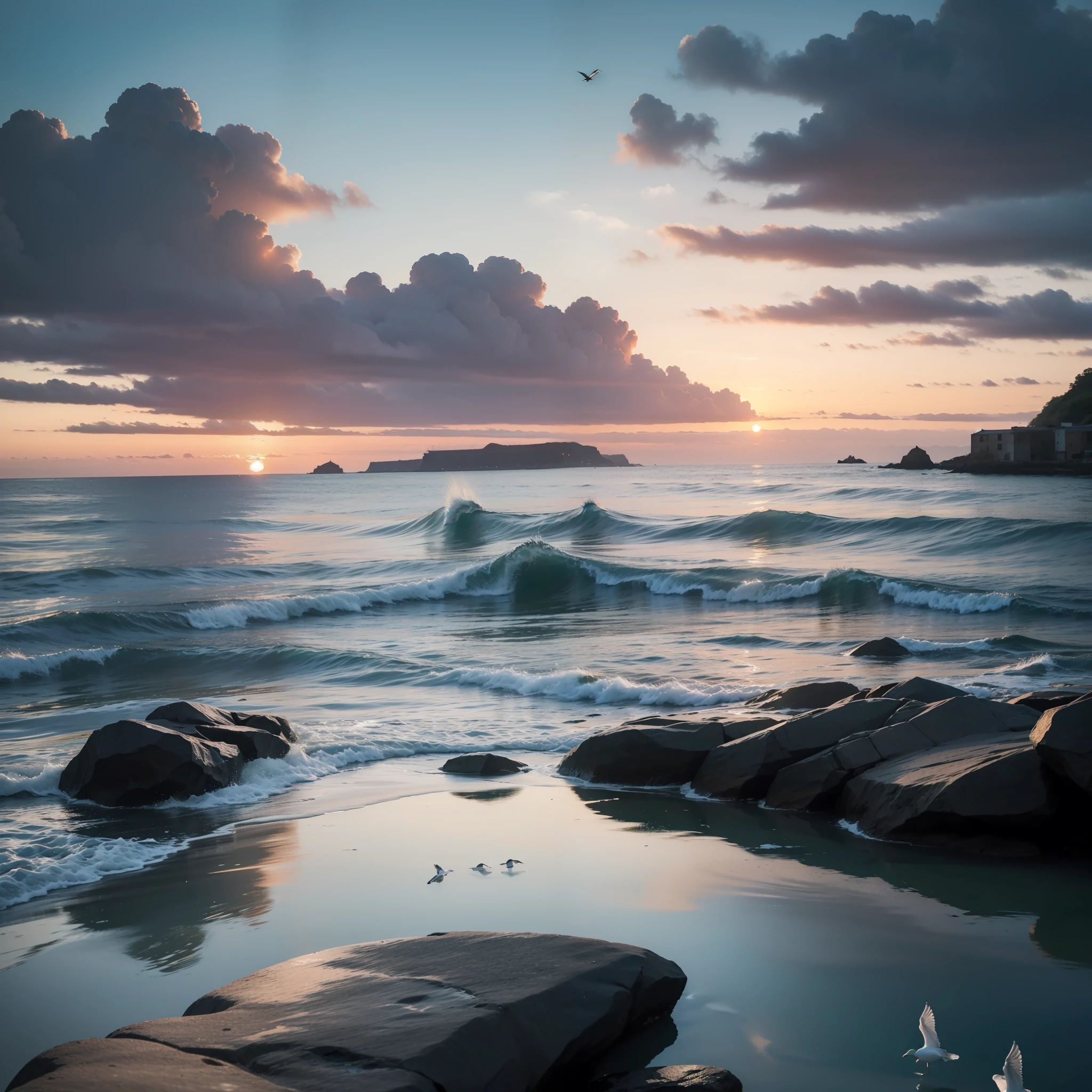 ((masterpiece)), (realistic), (sunset:1.2), (seascape:1.2), (colorful sky), (seagulls:1.1), (beach:1.1), (waves:1.1), (rocks:1.1), (boats:1.1), (reflection:1.2), (silhouette:1.2), (harbor:1.2), (peaceful:1.1), (serene:1.1), (tranquil:1.1), (calming:1.1), (harmonious:1.2),
The sun was setting over the horizon, painting the sky in a breathtaking array of colors. Shades of pink, orange, and yellow blended together to create a vibrant and colorful sky. Seagulls flew gracefully overhead, their wings casting shadows on the calm waters below. The beach was a peaceful and serene place, with waves gently lapping at the shore. Smooth rocks scattered along the coastline, providing a perfect spot for a quiet moment of reflection. Boats floated in the harbor, their masts creating silhouettes against the colorful sky. The reflection of the sky in the water created a harmonious and tranquil atmosphere. As the sun disappeared below the horizon, the sky turned darker, but the sense of calm remained, leaving a feeling of peacefulness and contentment.