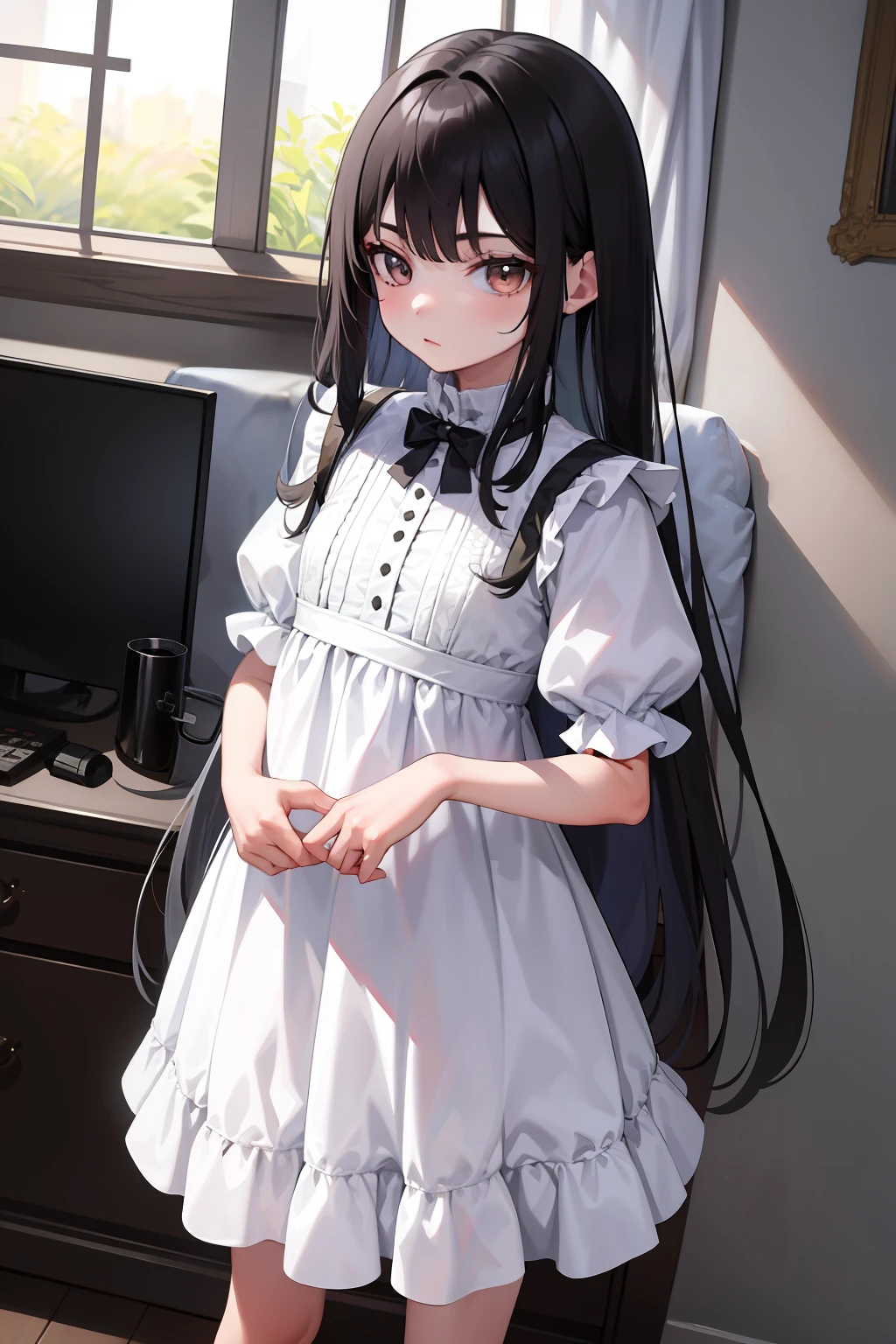 Masterpiece，Best quality，High details，A ***********，Wear a white dress，Extra-long black hair，The girl is very young，Very short，Very skinny