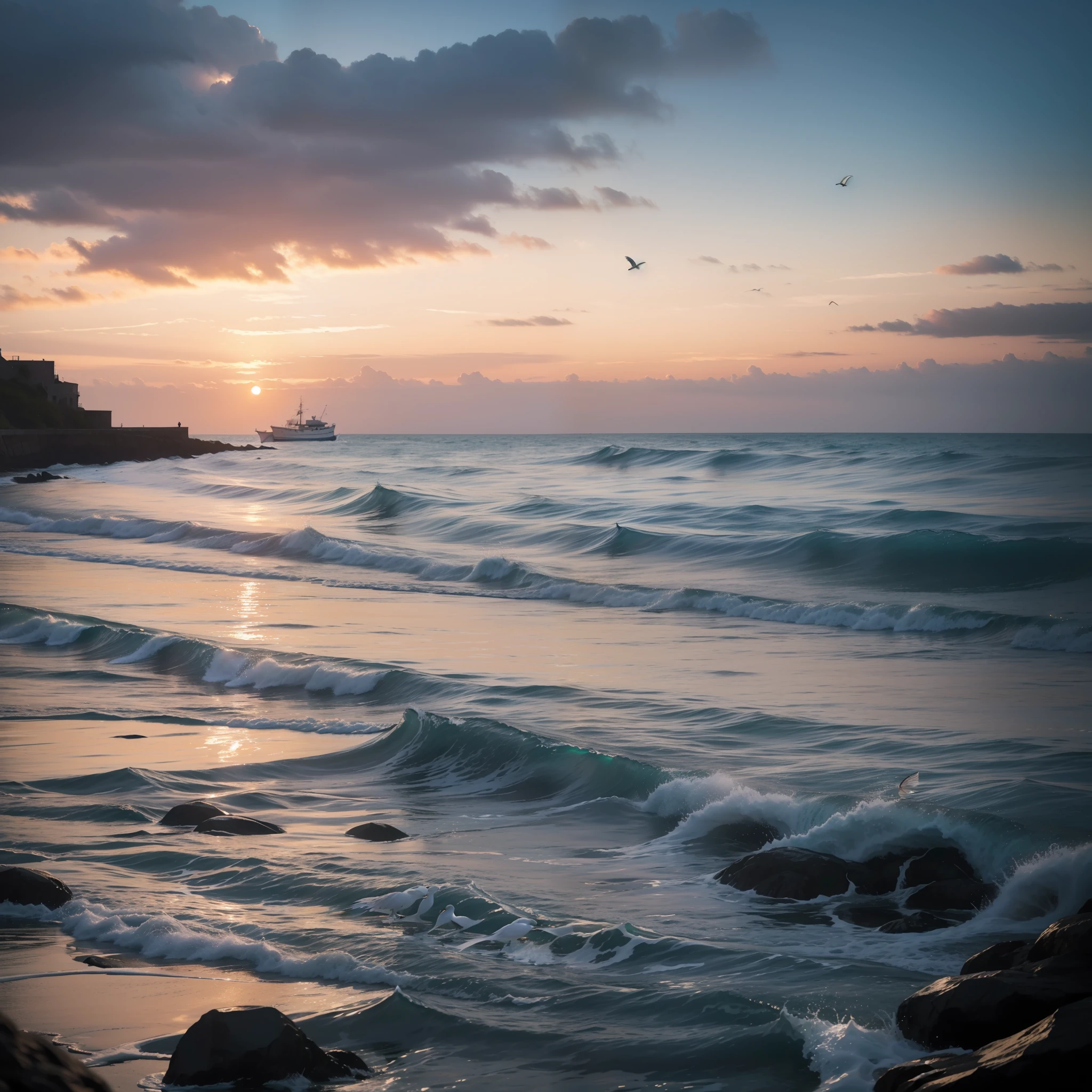 ((masterpiece)), (realistic), (sunset:1.2), (seascape:1.2), (colorful sky), (seagulls:1.1), (beach:1.1), (waves:1.1), (rocks:1.1), (boats:1.1), (reflection:1.2), (silhouette:1.2), (harbor:1.2), (peaceful:1.1), (serene:1.1), (tranquil:1.1), (calming:1.1), (harmonious:1.2),
The sun was setting over the horizon, painting the sky in a breathtaking array of colors. Shades of pink, orange, and yellow blended together to create a vibrant and colorful sky. Seagulls flew gracefully overhead, their wings casting shadows on the calm waters below. The beach was a peaceful and serene place, with waves gently lapping at the shore. Smooth rocks scattered along the coastline, providing a perfect spot for a quiet moment of reflection. Boats floated in the harbor, their masts creating silhouettes against the colorful sky. The reflection of the sky in the water created a harmonious and tranquil atmosphere. As the sun disappeared below the horizon, the sky turned darker, but the sense of calm remained, leaving a feeling of peacefulness and contentment.