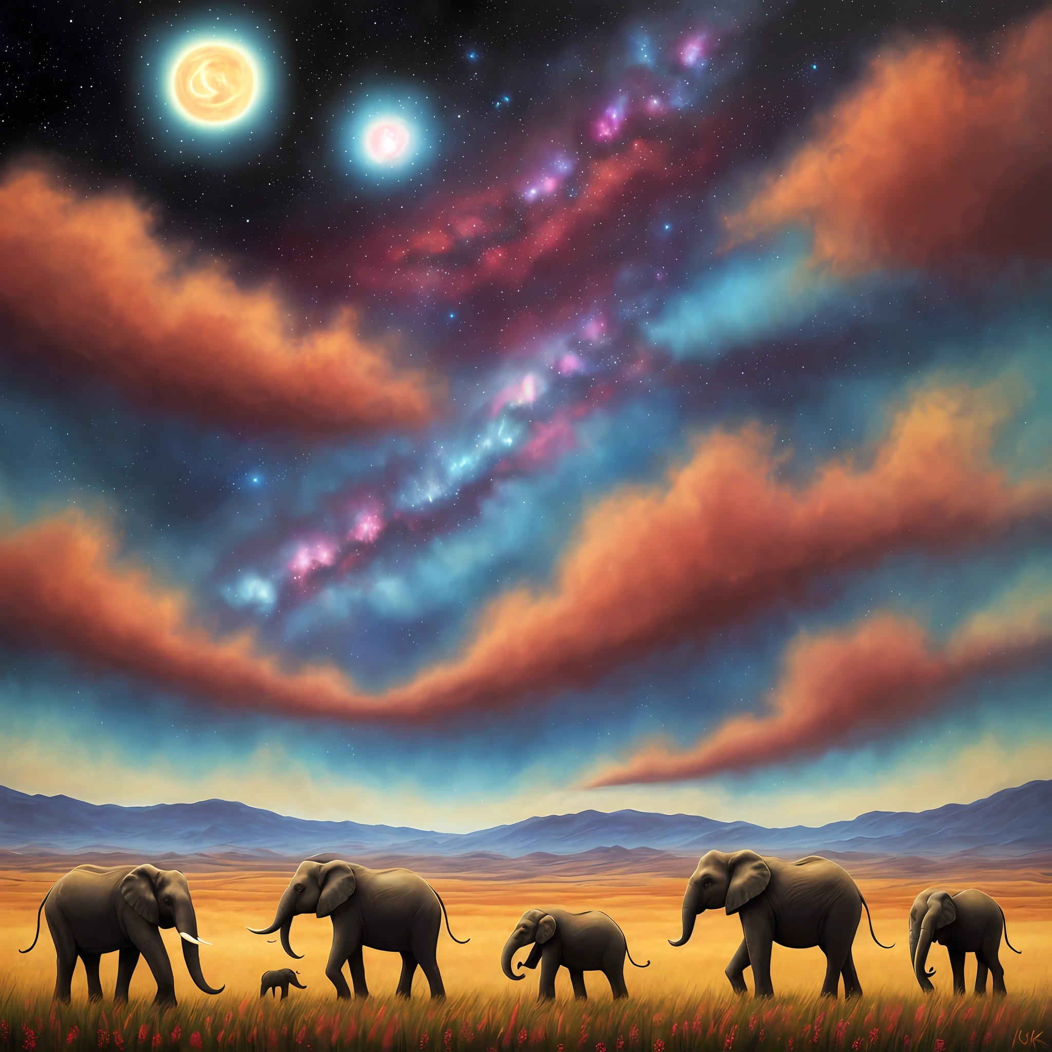 painting of a group of elephants and other animals in a field, epic surrealism 8k oil painting, detailed dreamscape, enchanting and otherworldly, cosmic landscape, painting of a dreamscape, science fantasy painting, surreal space, cosmic skies, cosmic and colorful, galactic landscape, endless cosmos in the background, cosmic sky, visionary art style, beautiful art uhd 4 k