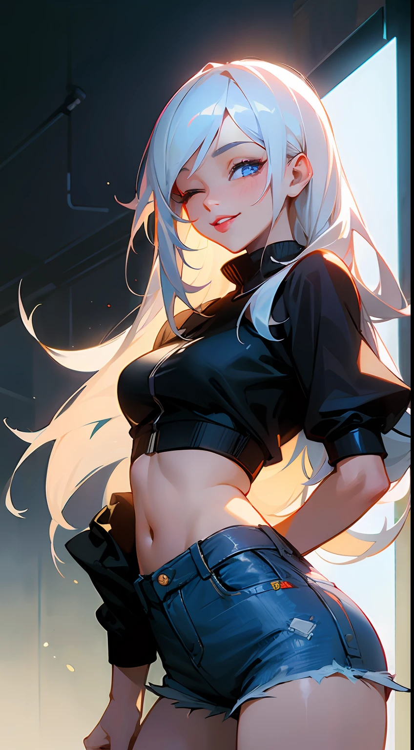 masterpiece), best quality, expressive eyes, perfect face, young adult, female, 1girl, bright blue eyes, long white hair, cyberpunk, denim shorts, red lips, cute smile, one eye closed, wink, volumetric lighting
