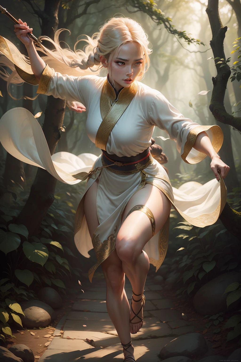 ancient female spear practitioner in beautiful silk clothes practicing kung fu forms in hidden forest garden dynamic windy weather proportional eyes, (realistic:1.5),photorealistic, hyper realistic, (extremely detailed eyes), hyper detailed, soft lighting, (detailed background), extreme detail background, sharp details, ((full body)),