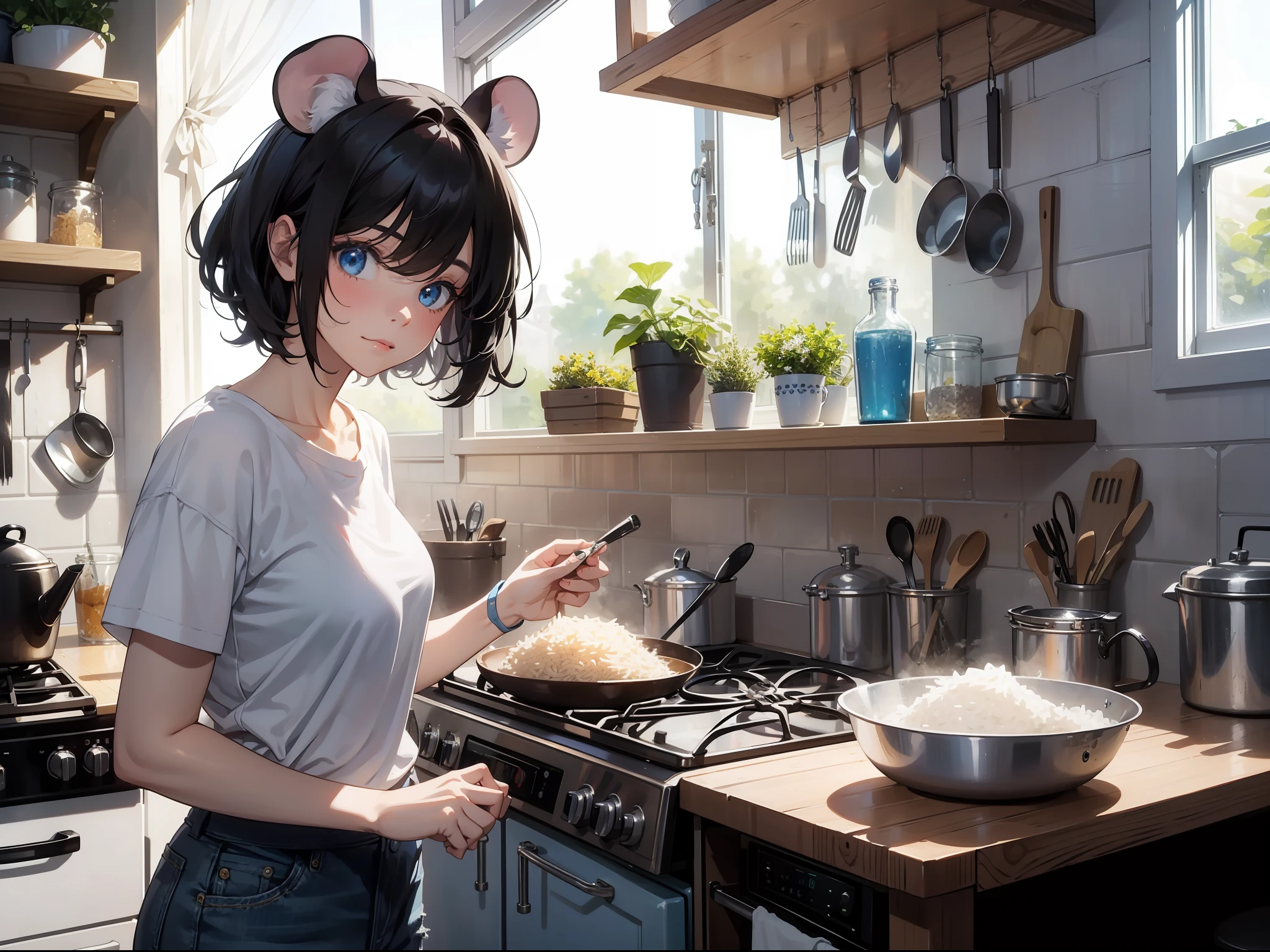 Masterpiece, Best quality,Girl with tangled mouse ears,Next to the rice bucket,with short black hair,Realisticstyle,White T-shirt,Shabby kitchen in blue jeans,The mouse's eyes glow;