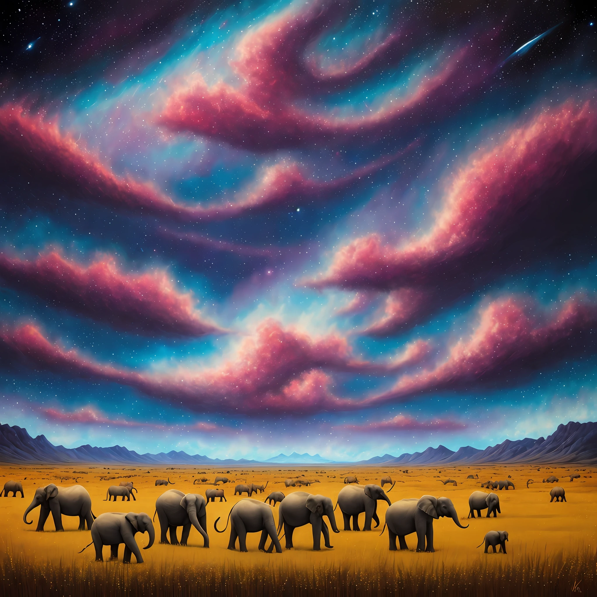 painting of a group of elephants and other animals in a field, epic surrealism 8k oil painting, detailed dreamscape, enchanting and otherworldly, cosmic landscape, painting of a dreamscape, science fantasy painting, surreal space, cosmic skies, cosmic and colorful, galactic landscape, endless cosmos in the background, cosmic sky, visionary art style, beautiful art uhd 4 k