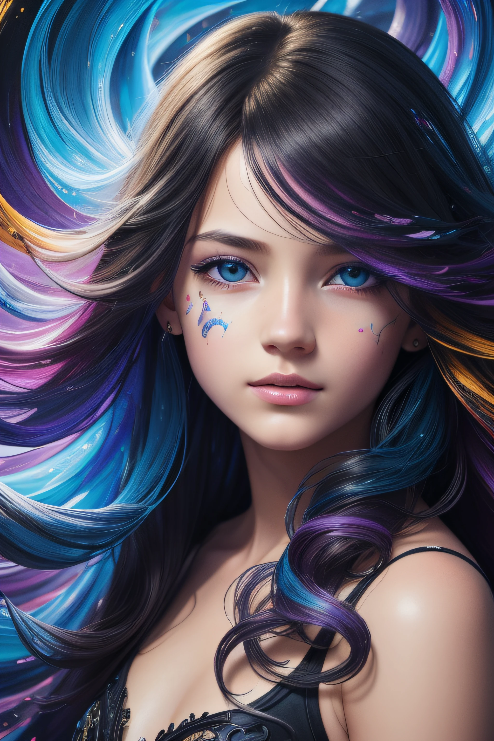 Colorful beautiful girl: a giru 8-years old, messy hair, oil painting, nice perfect face with soft skinice perfect face, blue yellow colors, light purple and violet additions, light red additions, intricate detail, splash screen, 8k resolution, masterpiece, cute face,artstation digital painting smooth veryBlack ink flow: 8k resolution photorealistic masterpiece: intricately detailed fluid gouache painting: by Jean Baptiste Mongue: calligraphy: acrylic: watercolor art, professional photography, natural lighting, volumetric lighting maximalist photoillustration: by marton bobzert:, complex, elegant, expansive, fantastical, wavy hair, vibrant