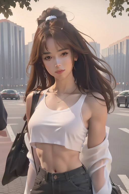 ((Realistic lighting, Best quality, 8K, Masterpiece: 1.3)), Clear focus: 1.2, 1girl, Perfect beauty: 1.4, Slim abs: 1.1, ((Dark brown hair)), (White crop top: 1.4), (Outdoor, Night: 1.1), Park view, Super fine face, Fine eyes, Double eyelids,