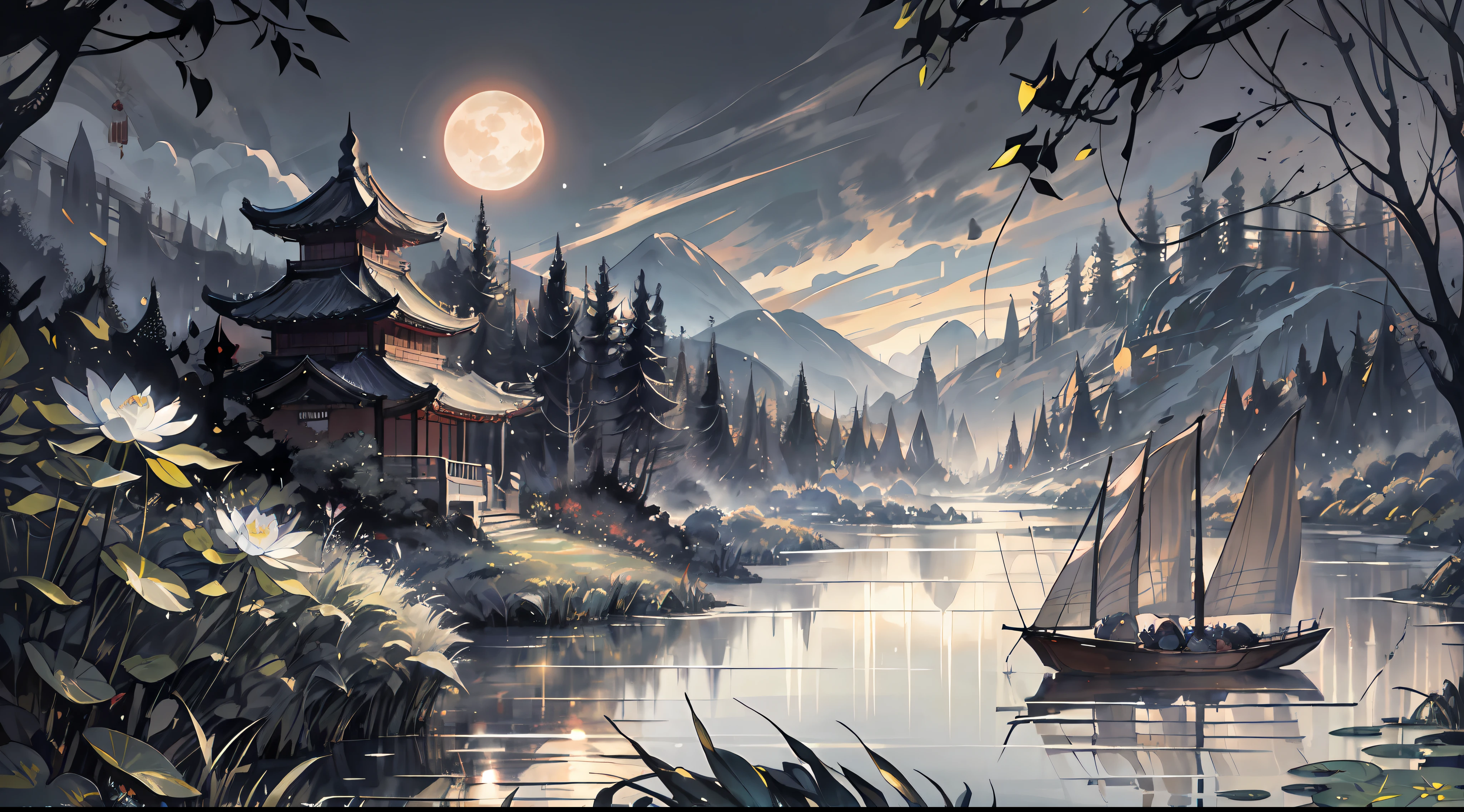 scenery，masterpiece,best quality,Chinese martial arts style,an asian night scene with lanterns and water lilies,asian pond with many lanterns and boatsa night scene with many lights and boats in the water, Lake surface, lotus flowers,beautiful night scene,(((Chinese martial arts style))), with vast sky, continuous mountains and steep cliffs, ink wash style, outline light, atmospheric atmosphere, depth of field, mist rising, bamboo, pine trees, octagonal stone pavilion, waterfall flowing water,big full moon,(No color) , Monochrome, light color,Dispersion, rainbow,