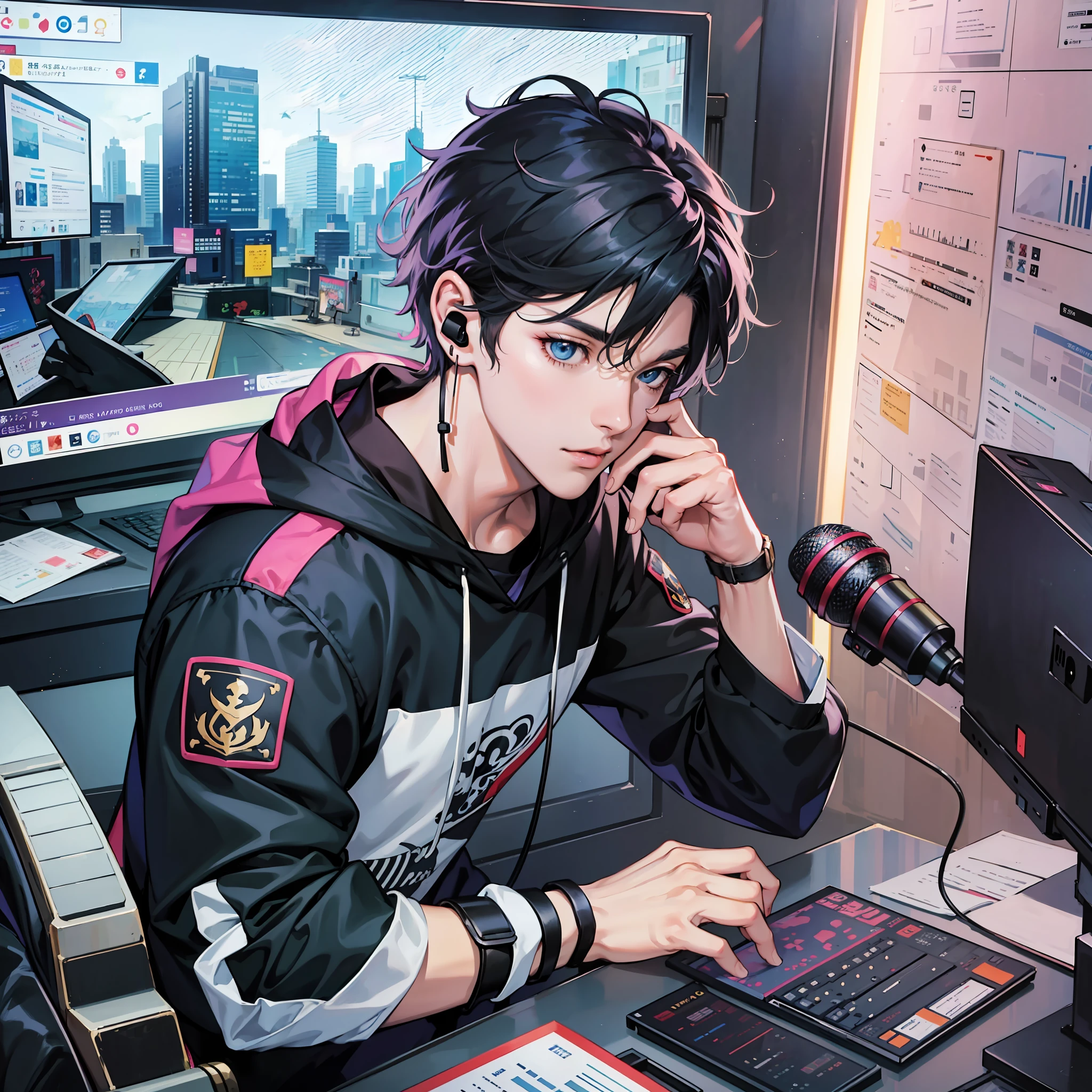 Anime boy calls to talk, ig studios anime style, nightcore, style of anime4 K, High quality anime art style, Anime boy, young anime man, Anime art style, Digital anime illustration, Anime style. 8K, in an anime style, male anime character, Kawasi，best qualtiy：1.0），（超高分辨率：1.0），Anime boys，with short black hair，blue color eyes，sitting in front of the computer，Speak into the microphone，The background is in the esports room，Earphone，The head is close to the microphone,8K，Faraway view