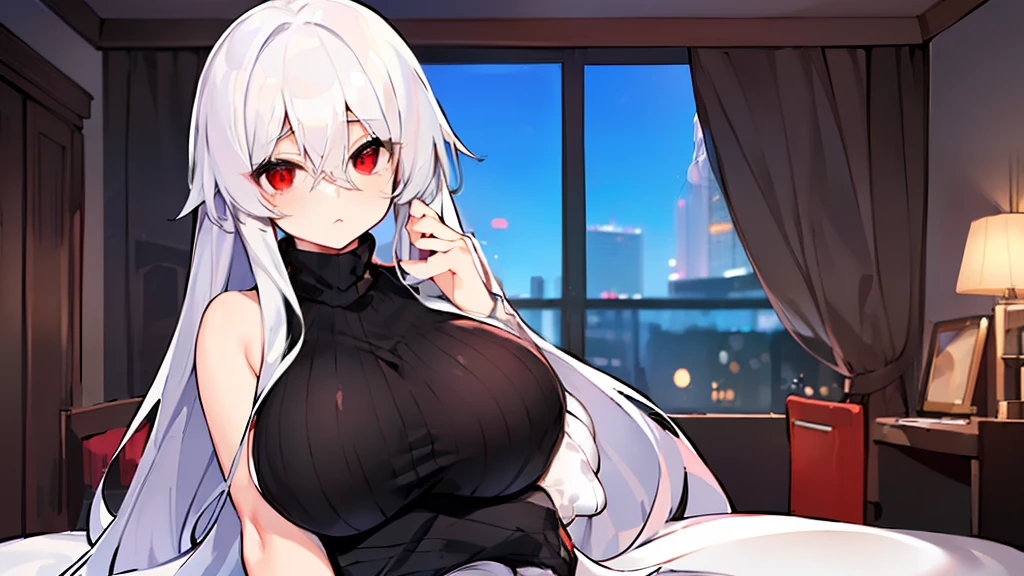 mejor calidad, woman, (((white long hair))), ((((hip length turtleneck sweater black)))), ((red eyes)), big breast, bangs between the eyes,bangs between the eyes, full body, bedroom