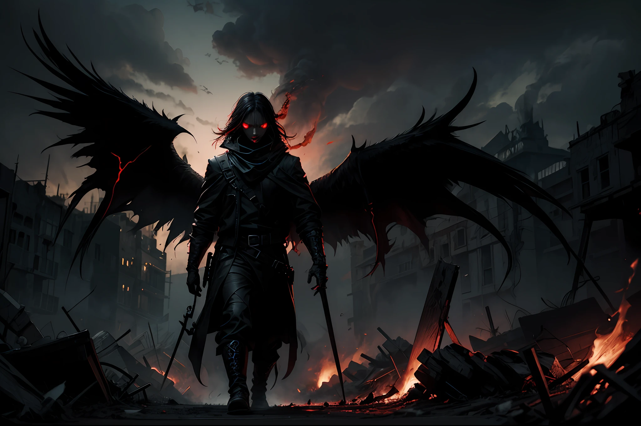 Dark and haunting depiction of a "Hell Messenger" with a menacing atmosphere and intense lighting. Incorporate elements like black wings, glowing red eyes, fiery surroundings, cracked ground, billowing smoke, and a sense of despair and destruction.