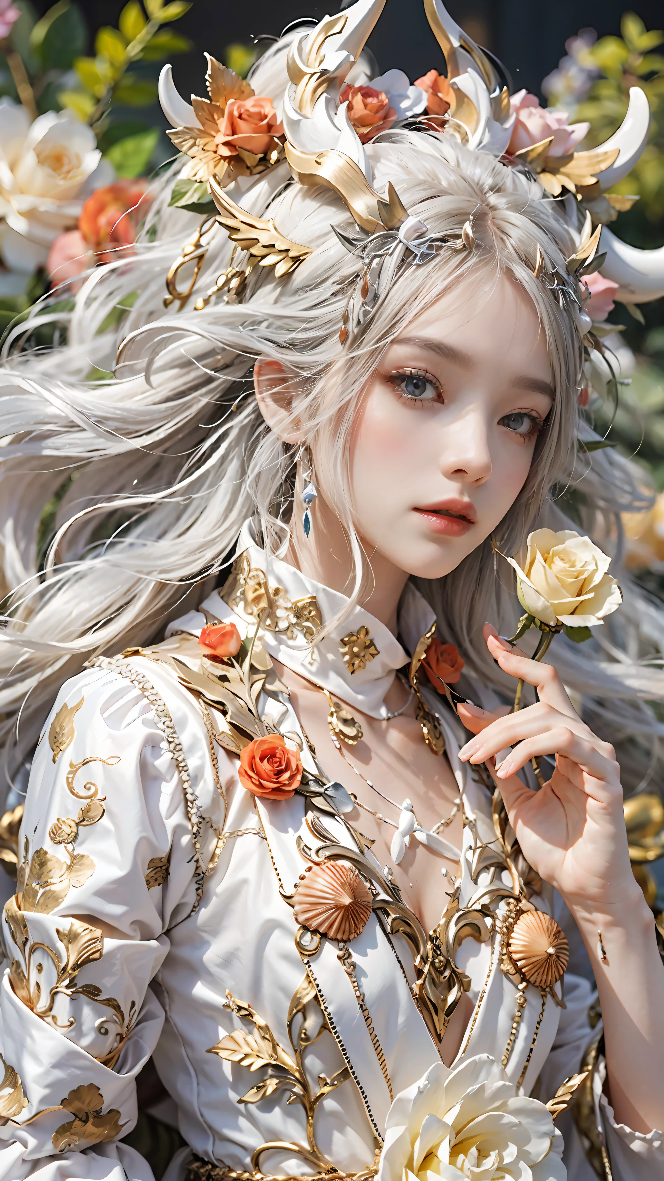 Exquisite scenes,depth of fields,8K,The ivory sky,White clouds,The sun shines on the snow-white sand。The coral sea,There are many small colorful shells on the beach,Red rose,Rose flower,tmasterpiece,k hd,Detailed details,Beauty defines the body role in detail,ssmile,Exquisite facial features,s the perfect face,White skin of the,long whitr hair,The background is a dragon,The hair is orange,Dressed in white,The clothes were tightly wrapped,long trousers,Cloak,Animal headdress