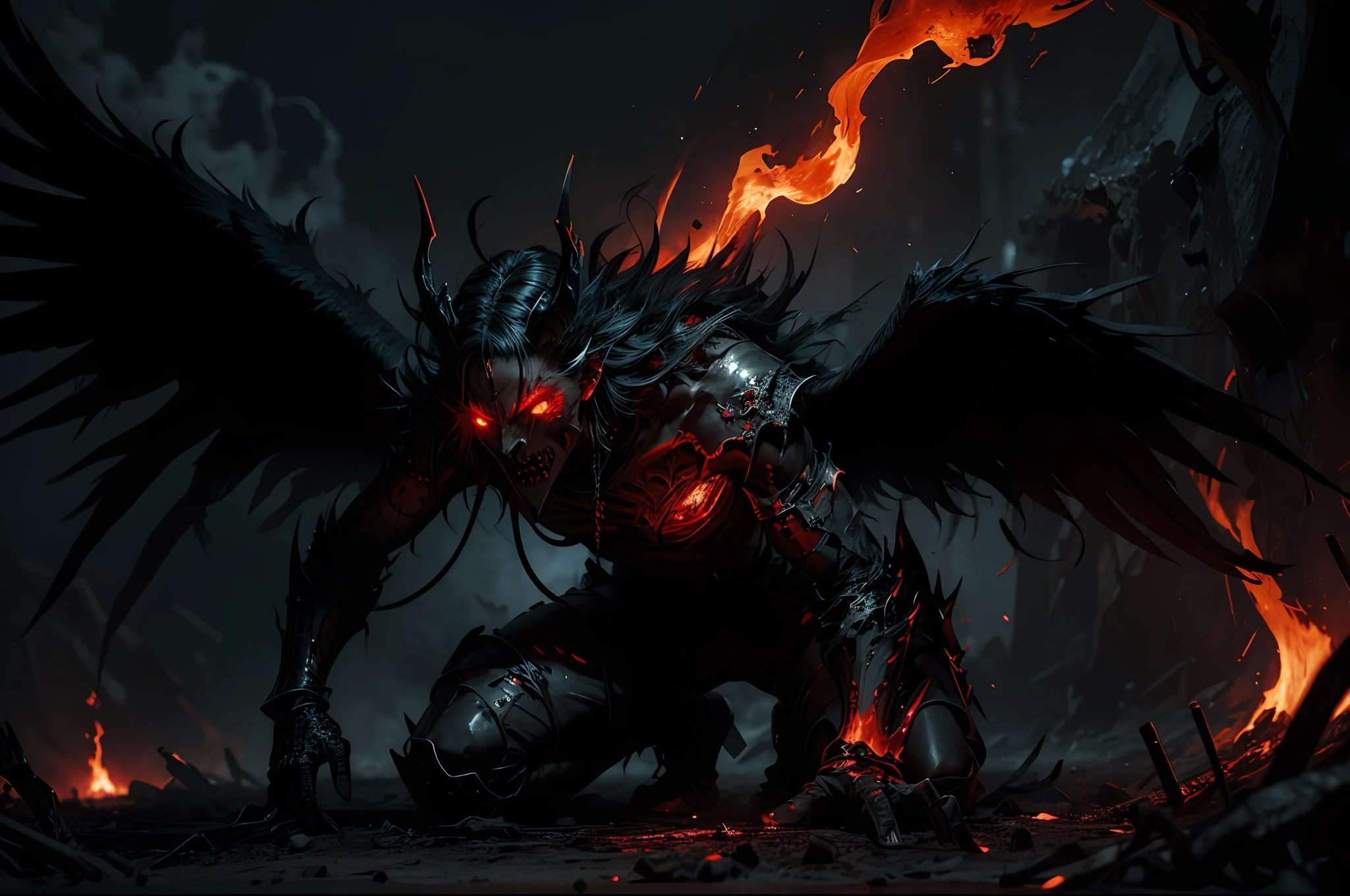 Dark and haunting depiction of a "Hell Messenger" with a menacing atmosphere and intense lighting. Incorporate elements like black wings, glowing red eyes, fiery surroundings, cracked ground, billowing smoke, and a sense of despair and destruction.