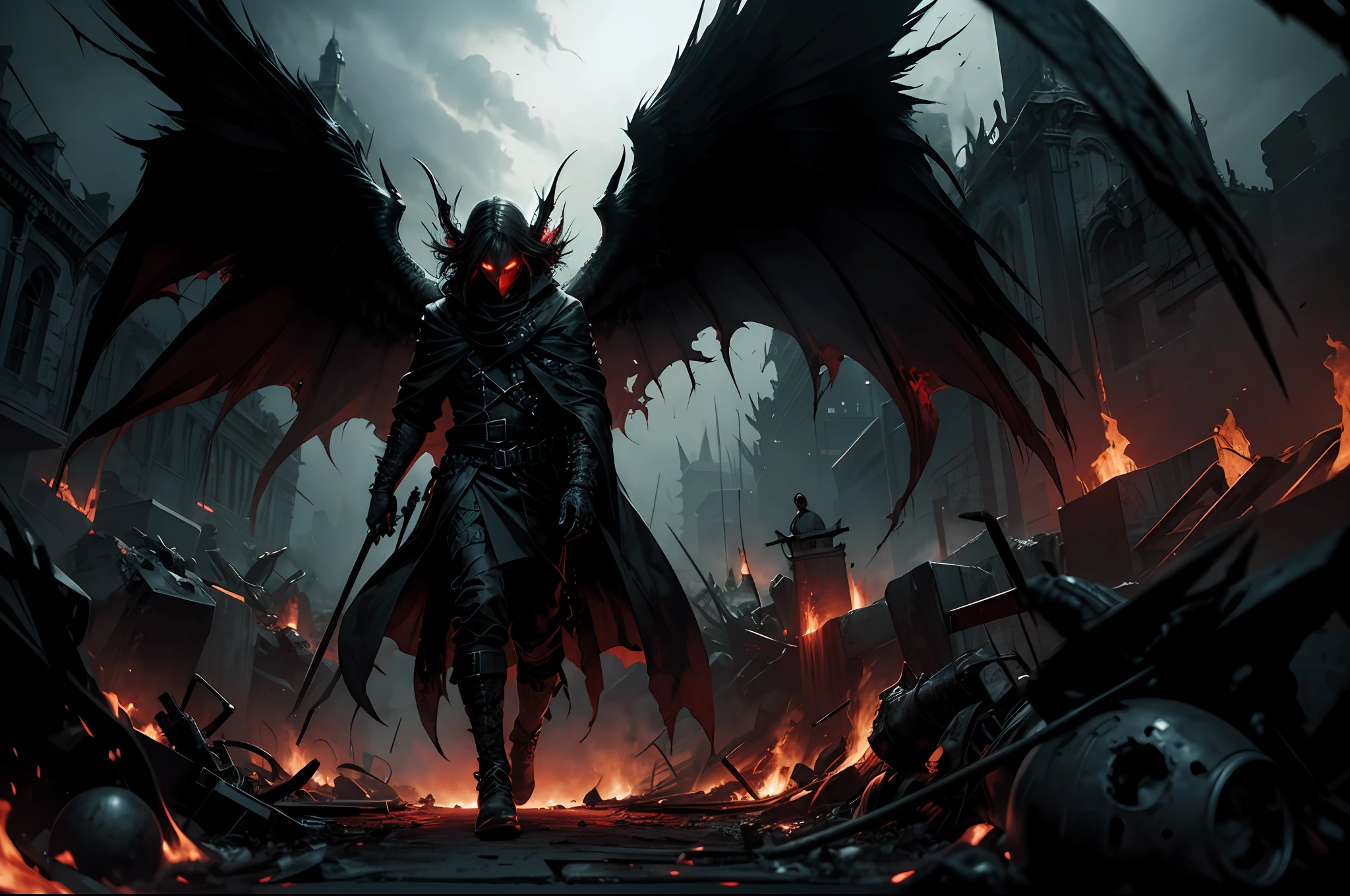 Dark and haunting depiction of a "Hell Messenger" with a menacing atmosphere and intense lighting. Incorporate elements like black wings, glowing red eyes, fiery surroundings, cracked ground, billowing smoke, and a sense of despair and destruction.