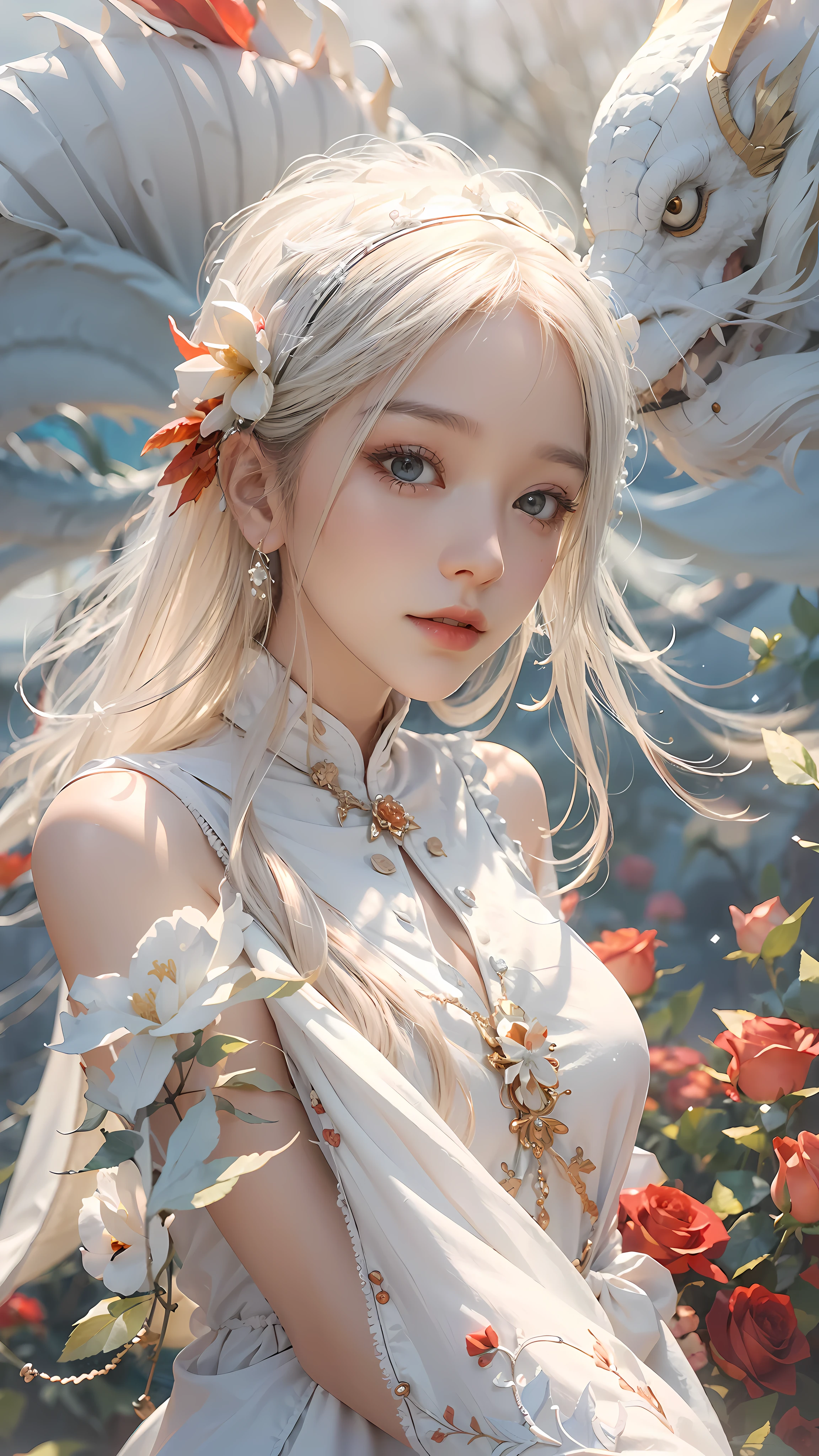 Exquisite scenes,depth of fields,8K,The ivory sky,White clouds,The sun shines on the snow-white sand。The coral sea,There are many small colorful shells on the beach,Red rose,Rose flower,tmasterpiece,k hd,Detailed details,Beauty defines the body role in detail,ssmile,Exquisite facial features,s the perfect face,White skin of the,long whitr hair,The background is a dragon,The hair is orange,Dressed in white,The clothes were tightly wrapped,long trousers,Cloak,Animal headdress