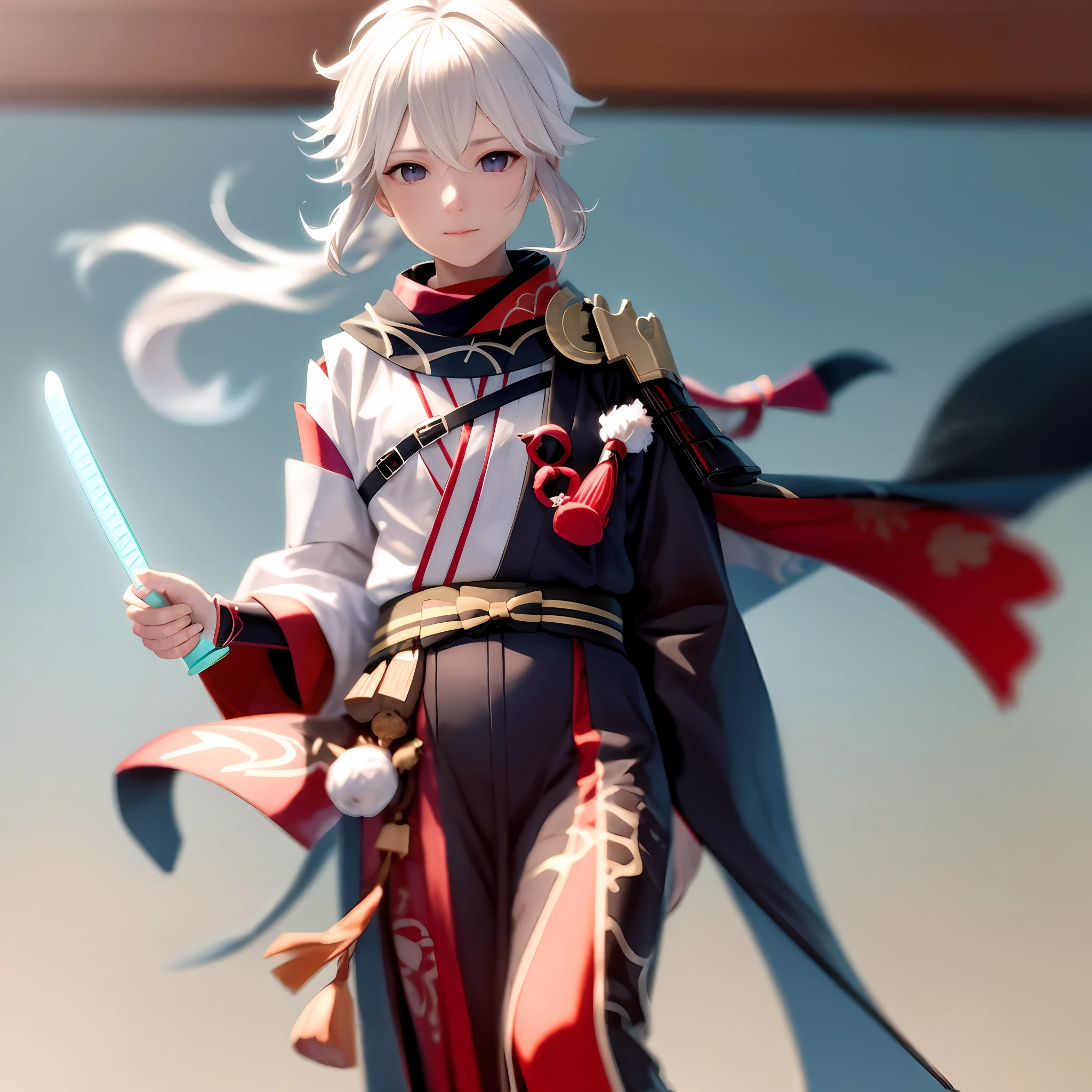 White hair long close up portrait of person holding red sword beauty red kimono Rurouni Kenshinkaze