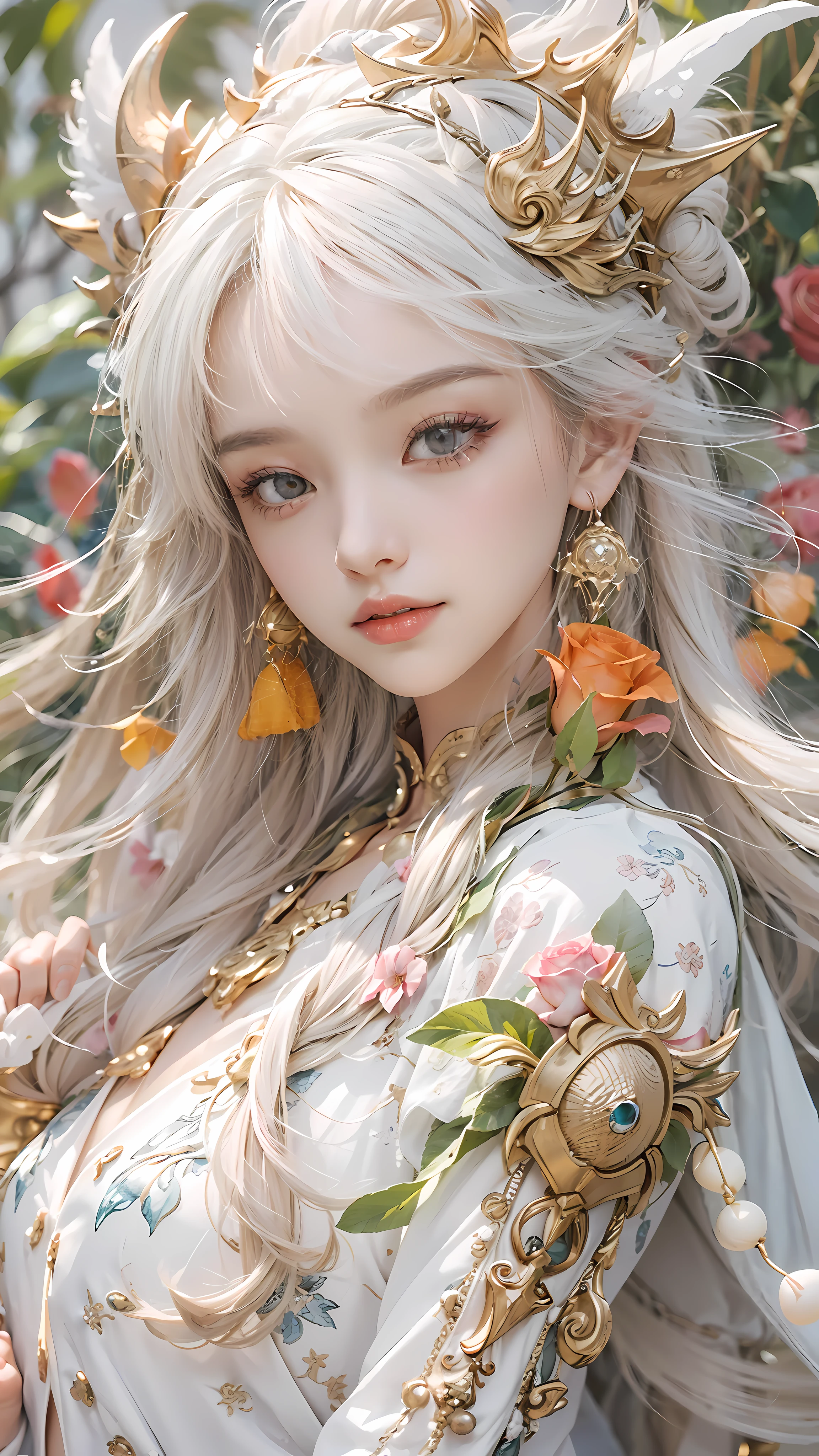 Exquisite scenes,depth of fields,8K,The ivory sky,White clouds,The sun shines on the snow-white sand。The coral sea,There are many small colorful shells on the beach,Red rose,Rose flower,tmasterpiece,k hd,Detailed details,Beauty defines the body role in detail,ssmile,Exquisite facial features,s the perfect face,White skin of the,long whitr hair,The background is a dragon,The hair is orange,Dressed in white,The clothes were tightly wrapped,long trousers,Cloak,Animal headdress