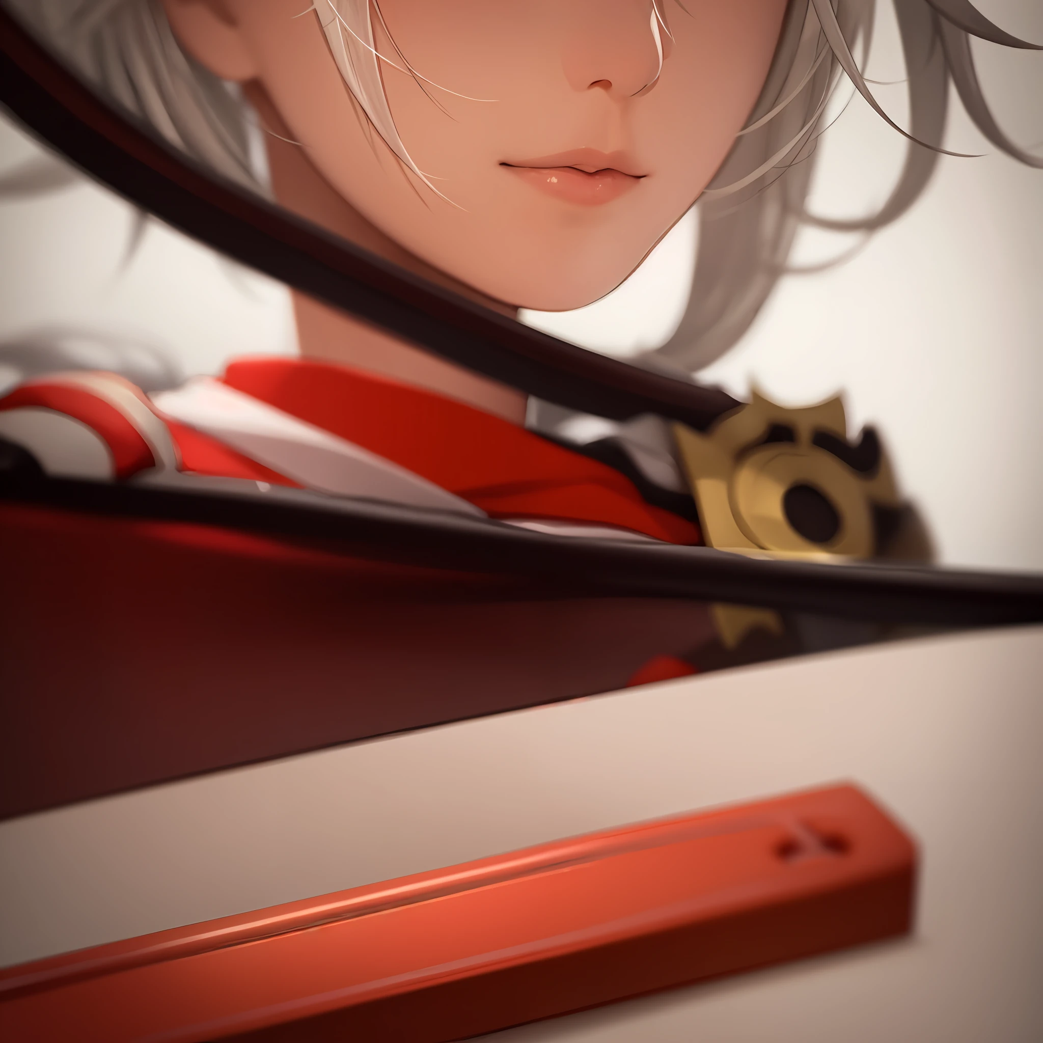 White hair long close up portrait of person holding red sword beauty red kimono Rurouni Kenshinkaze