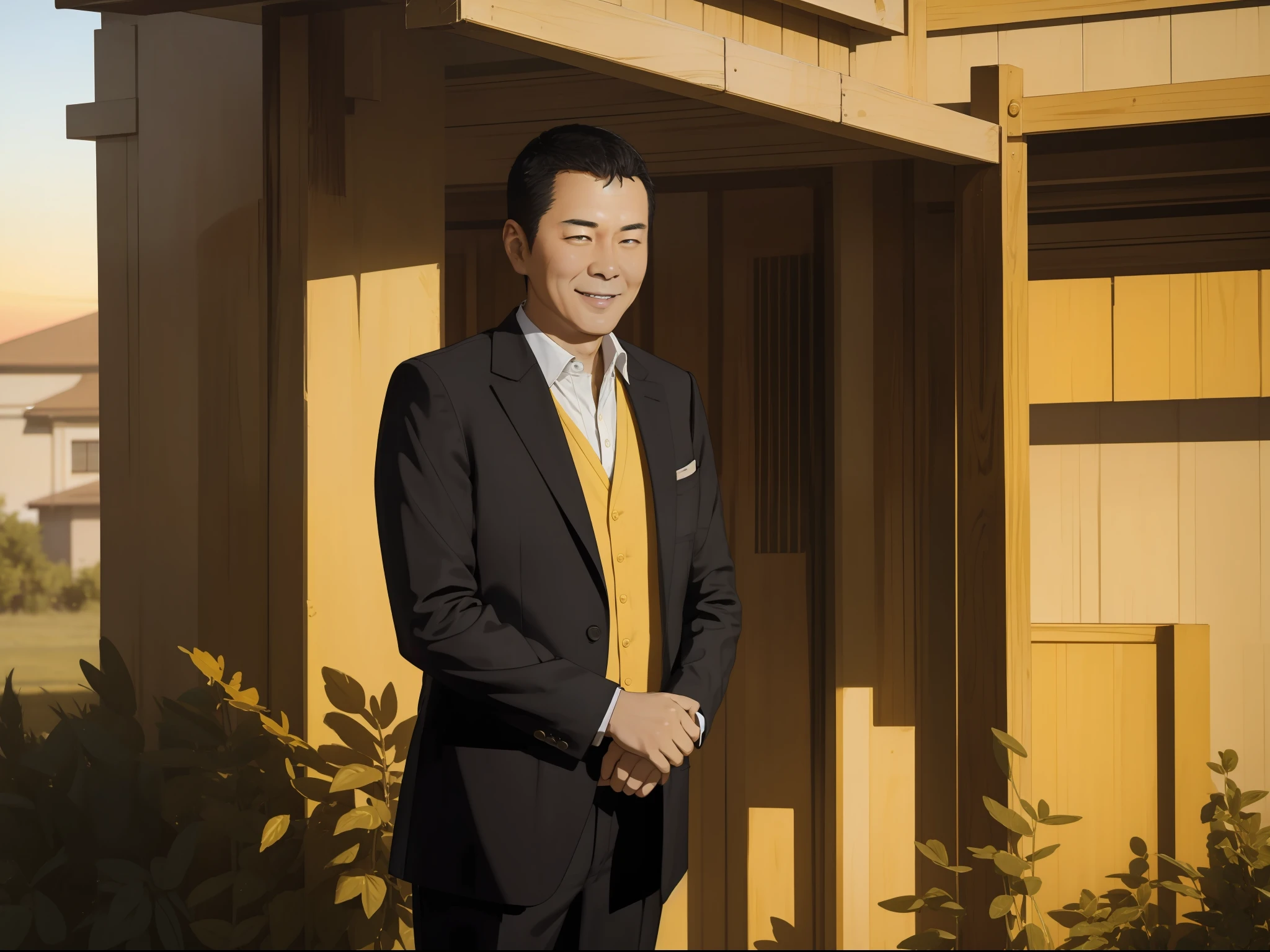 Masterpiece, Best quality,Short black hair,1 man,Standing in front of the new house, His face was full of joy,Realisticstyle,Dyed golden yellow by the setting sun;