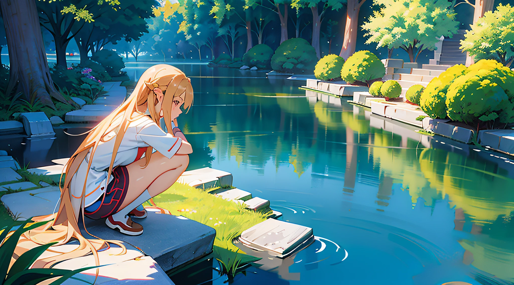 Anime girl sitting on a stone by a pond in the park, Blonde anime girl with long hair, asuna yuuki, asuna from sao, beautiful anime girl crouching, ilya kuvshinov with long hair, the anime girl is crouching, Anime girl with long hair, Smooth anime CG art, beautiful alluring anime , drawn in anime painter studio
