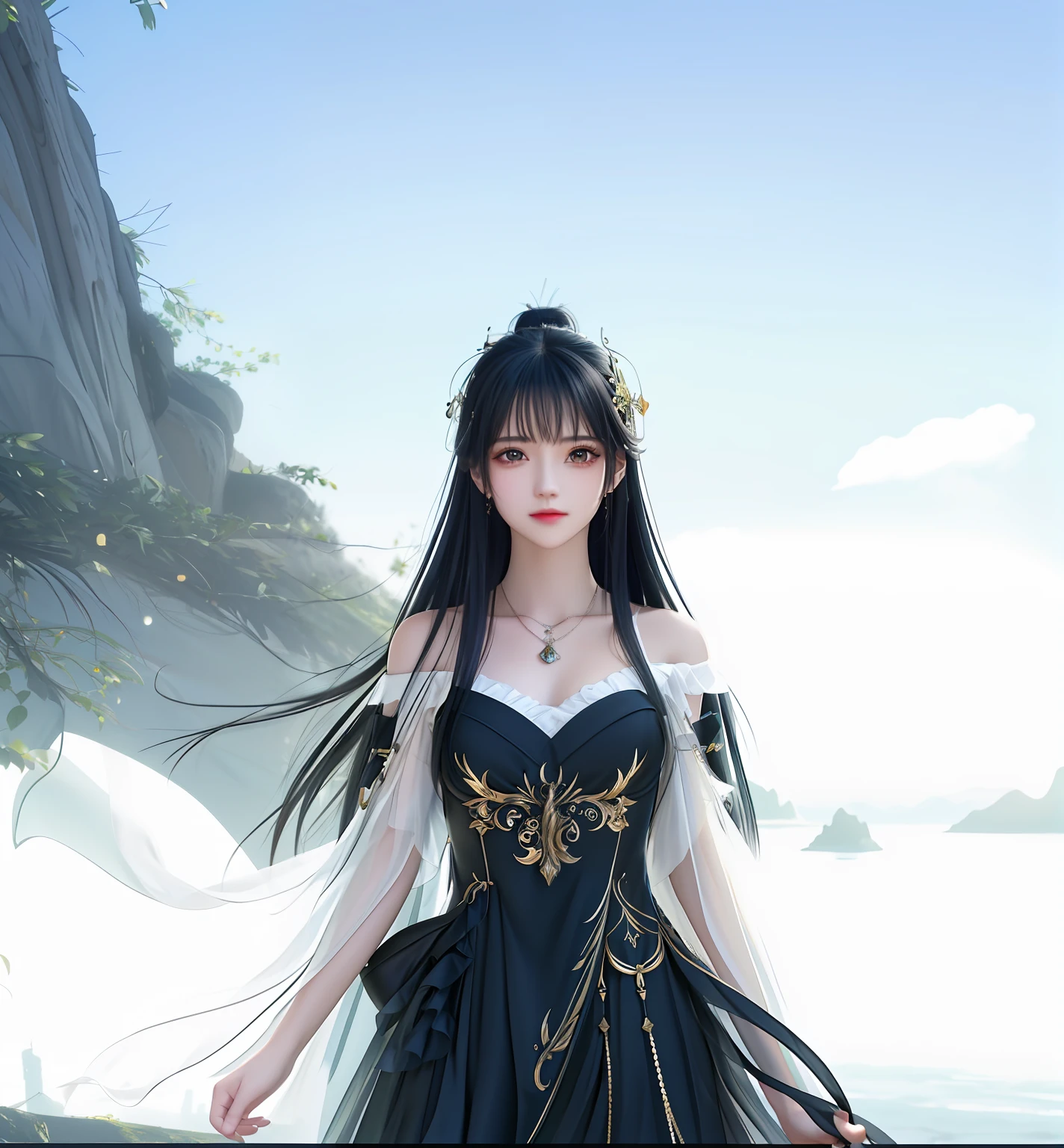 Best quality，tmasterpiece，A high resolution，CG，
1girll，arma，The sword，long whitr hair，shift dresses，Eau，独奏，jewely，black color dress，耳Nipple Ring，hair adornments，spatter，The upper part of the body，hair-bun，brunette color hair，
illuminating，Frankness，photore，A high resolution，4k，8k，bokeh，